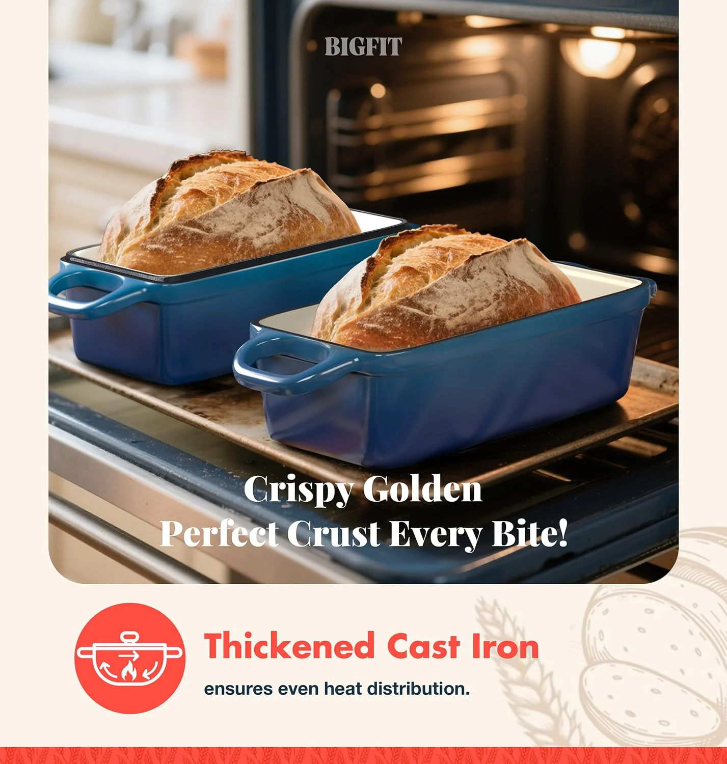 2 IN 1 Cast Iron Bread Loaf Pan with Lid, 3.4QT 9x5 Inch Dutch Oven for Bread Baking, Even Heating Bread Oven, Enameled Bread Pan for Homemade Sourdough Bread Baking & Versatile Cooking, Blue - Image 3