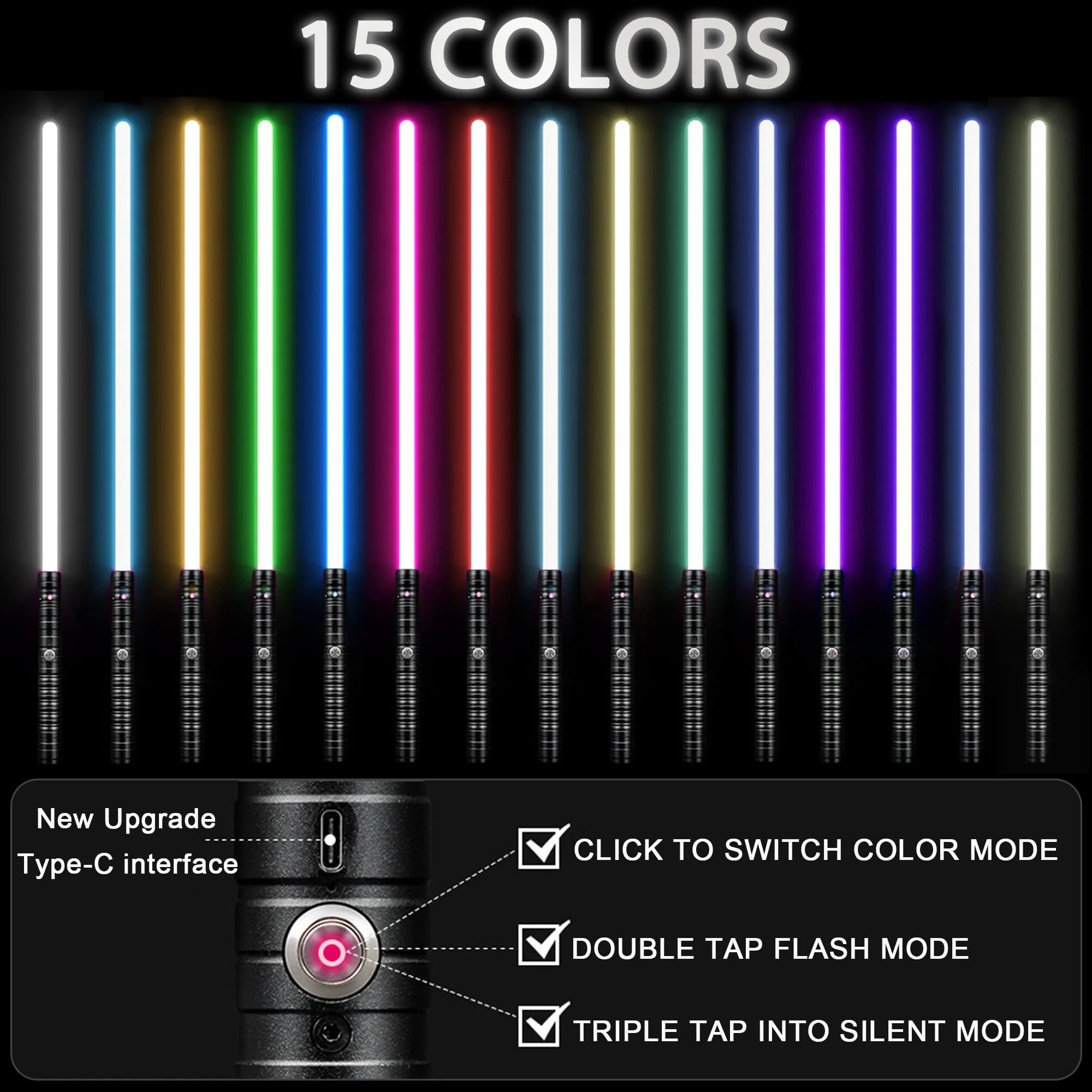 2 in 1 Dueling Lightsaber Alloy Handle Light Saber 15 RGB Colors with 4 Modes 6 Sound Effects USB Rechargeable Detachable Lightsaber for Kids Adults Ideal Birthday Children's Day Halloween Christmas - Image 4