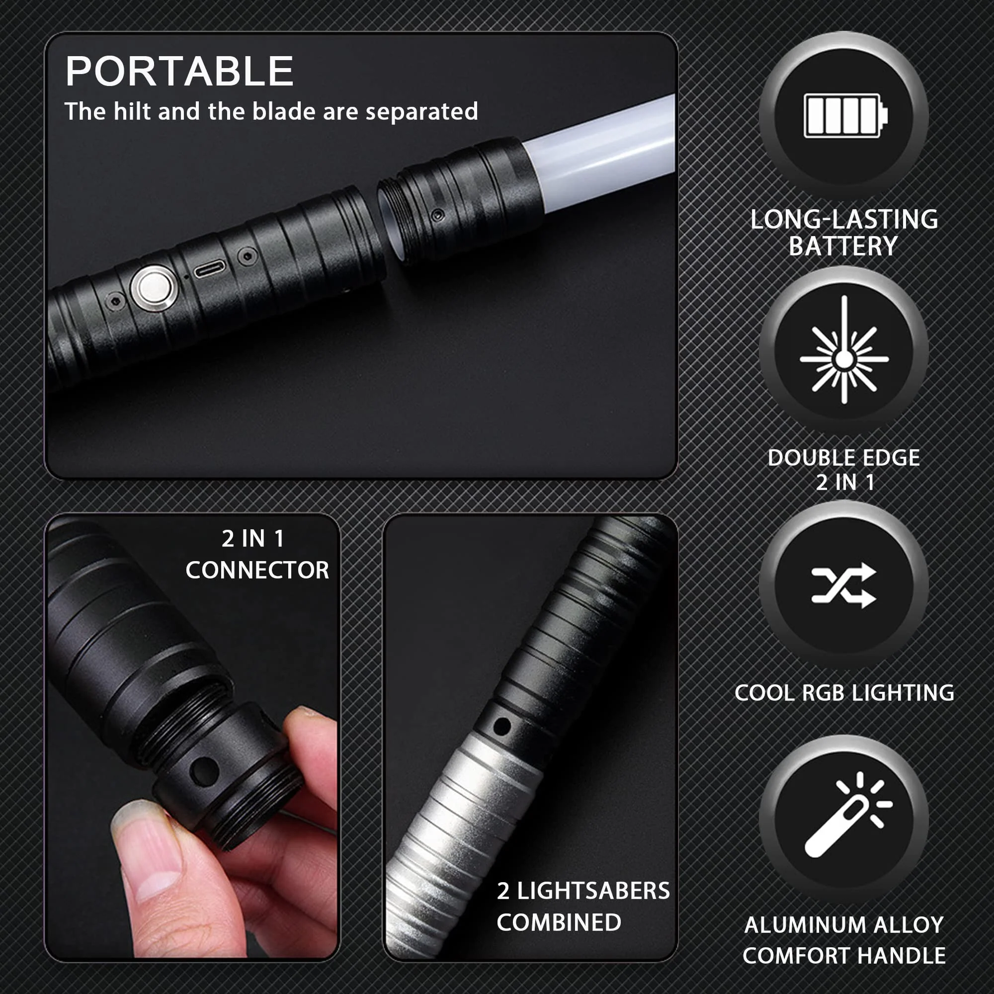 2 in 1 Dueling Lightsaber Alloy Handle Light Saber 15 RGB Colors with 4 Modes 6 Sound Effects USB Rechargeable Detachable Lightsaber for Kids Adults Ideal Birthday Children's Day Halloween Christmas - Image 5