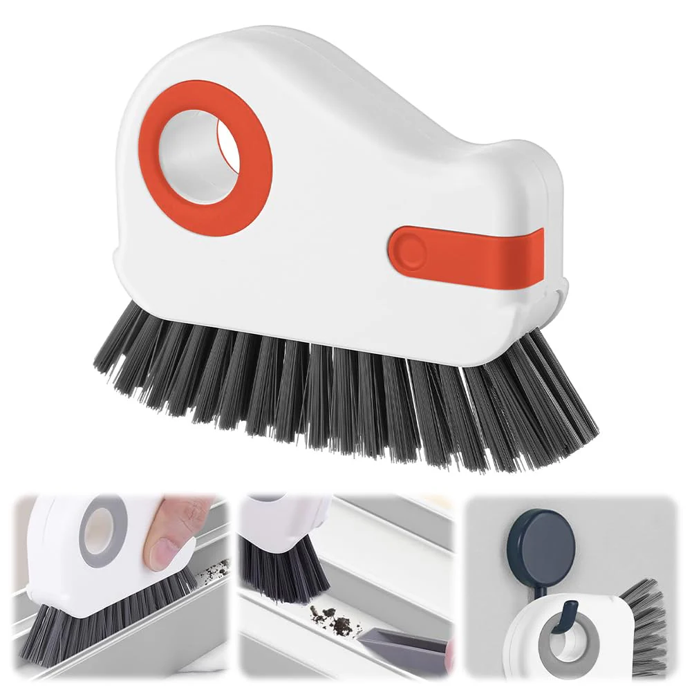 2 in 1 Groove Cleaning Brush, Window Track Cleaning Tools, Multifunction Window Track Cleaner with Hard Bristle and Hidden Scraper, Crevice Brush for Sliding Door Track, Window Seal, Sill (Orange)