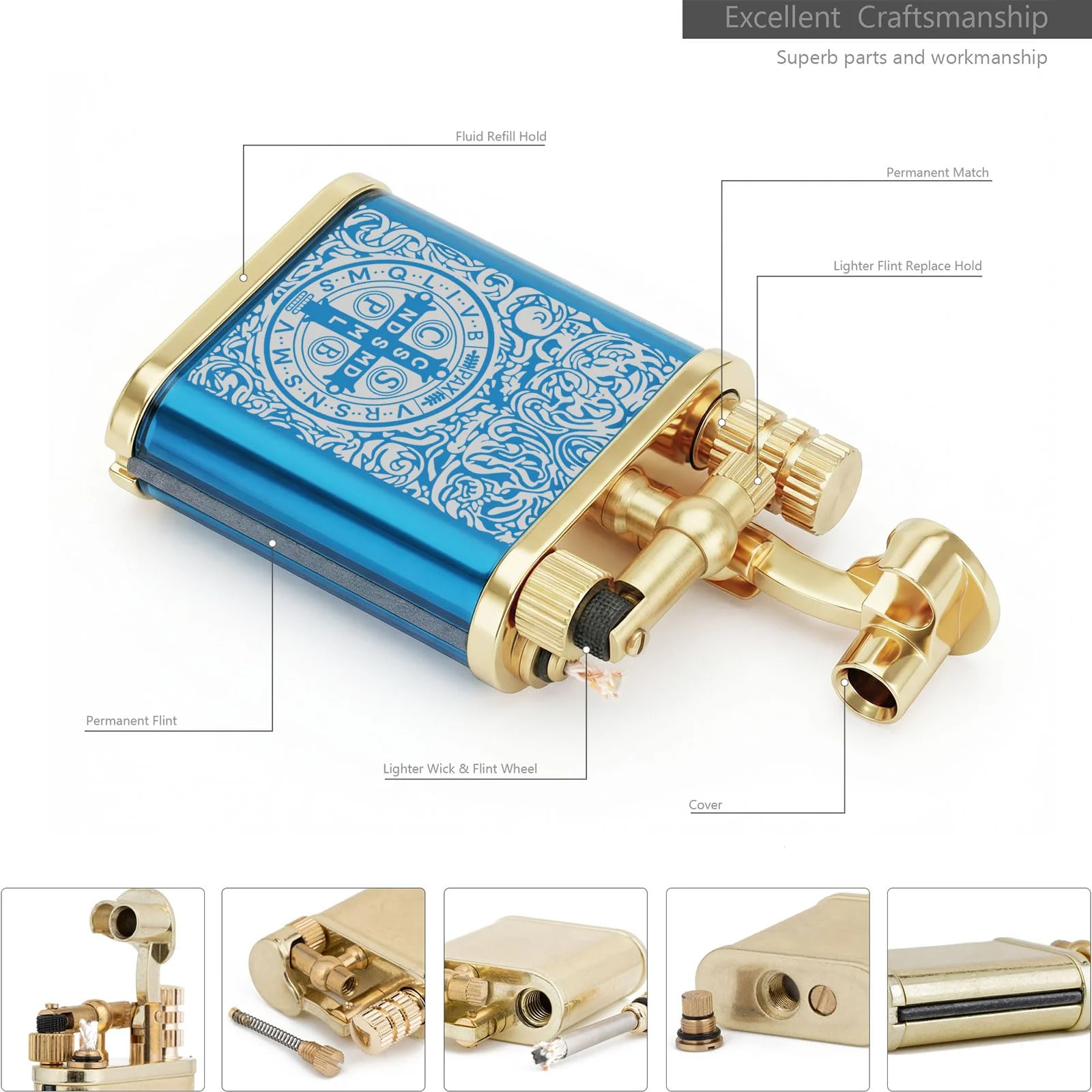 2 in 1 Lighter Permanent Match Antique Style Lift Arm Kerosene Lighter with Permanent Match (Blue Ice Constantine) - Image 4