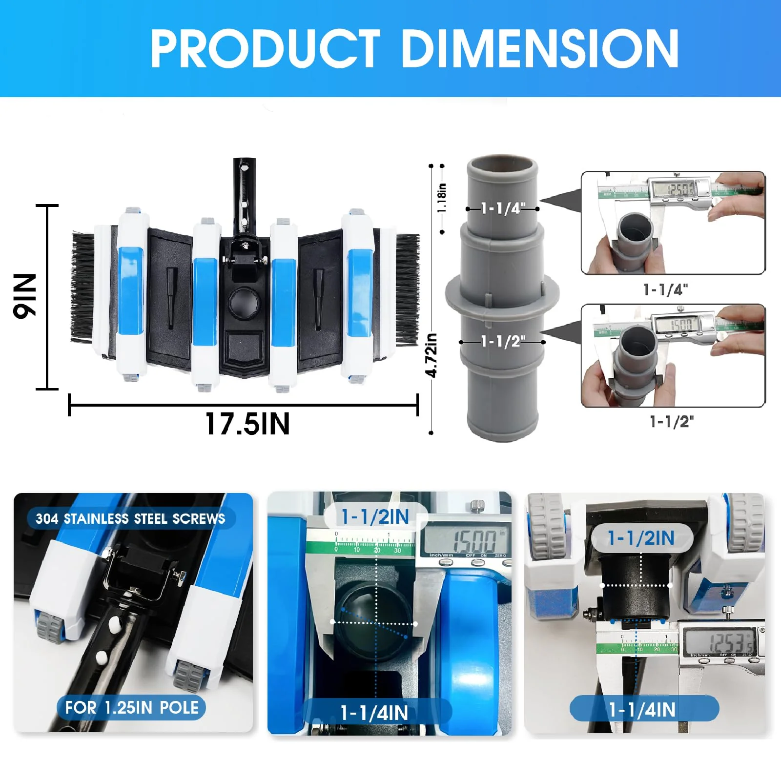 2 in 1 TidyMister 4LB Professional Pool Vacuum Heads with Hose Adapter Connector 1-1/4" or 1-1/2" Set-Commercial-Grade Vac Head & Swivel Handle,Wheels for Vinyl Liner,Inground & Above-Ground Pool - Image 4
