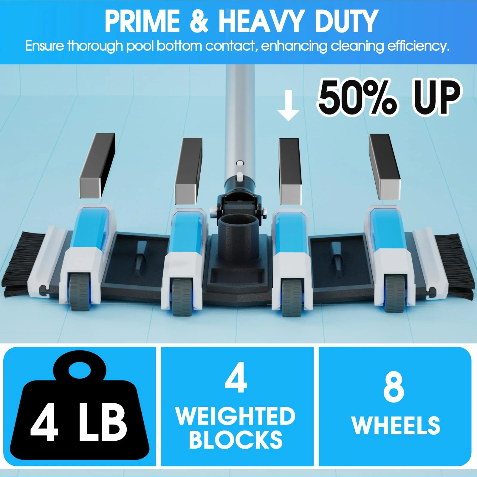 2 in 1 TidyMister 4LB Professional Pool Vacuum Heads with Hose Adapter Connector 1-1/4" or 1-1/2" Set-Commercial-Grade Vac Head & Swivel Handle,Wheels for Vinyl Liner,Inground & Above-Ground Pool - Image 5