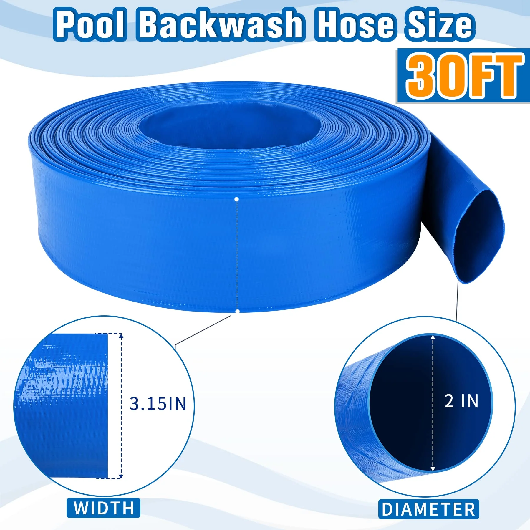 2 IN x 30FT Pool Backwash Hose Heavy Duty Drain Discharge Double PVC Layflat Hose with 2 Clamps, Weatherproof Burst Resistant for Water Transfer, Sump Pump, Pool Filter, Pool Drain (9.2M,Blue) - Image 6