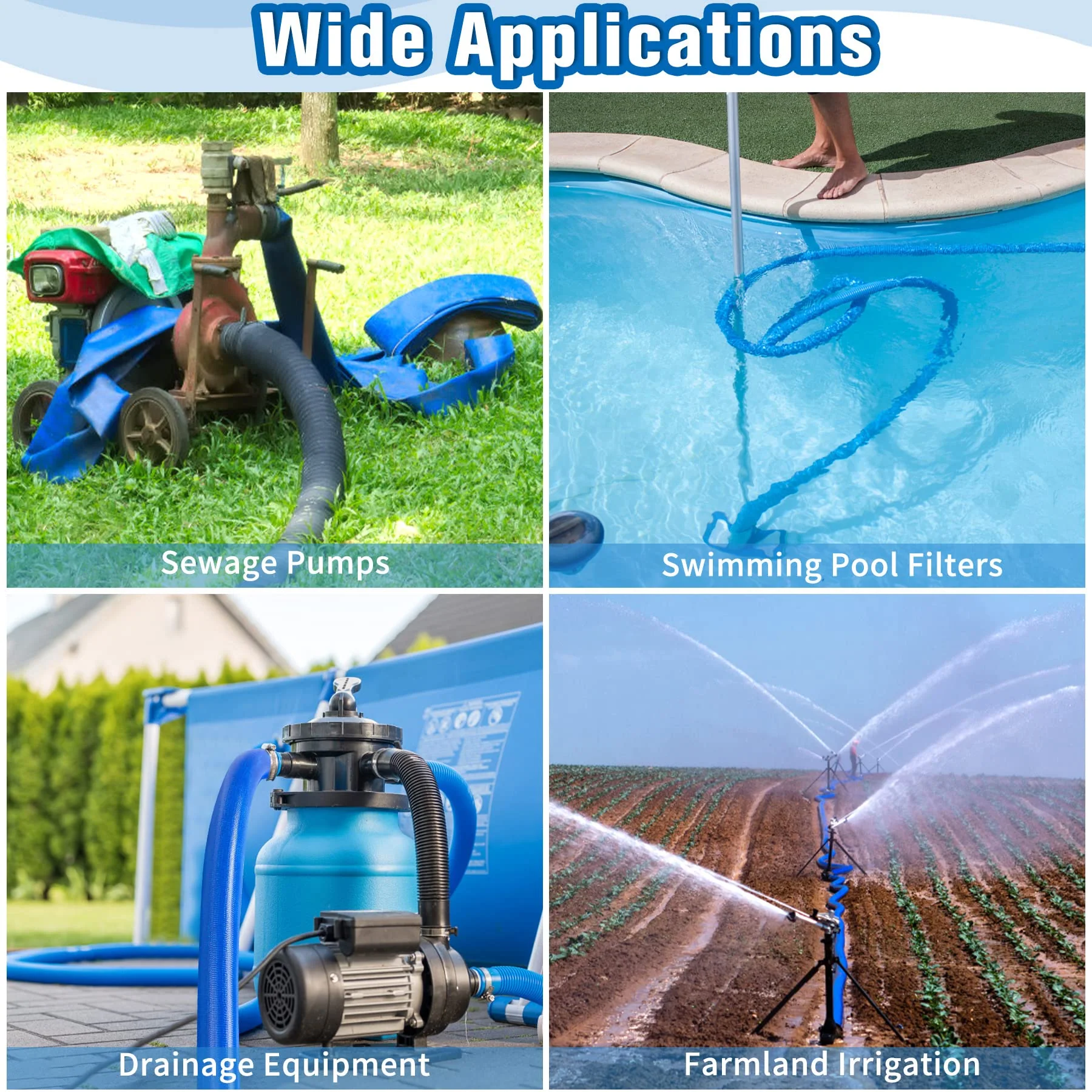 2 IN x 60FT Pool Backwash Hose Heavy Duty Drain Discharge Double PVC Layflat Hose with 2 Clamps, Weatherproof Burst Resistant for Water Transfer, Sump Pump, Pool Filter, Pool Drain (18.3M, Blue) - Image 2