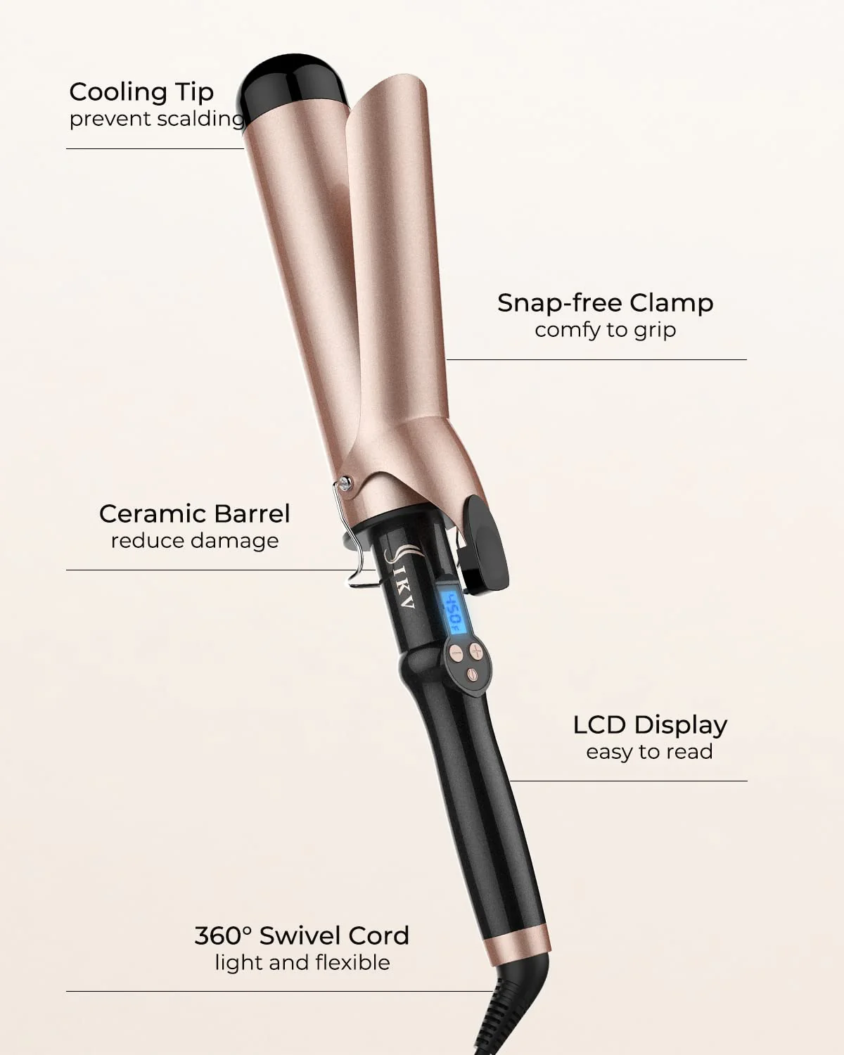 2 Inch Curling Iron Extra Long Barrel for Long Hair, Large Barrel Curling Wand Ceramic Tourmaline with LCD Display,10 Temps, Dual Voltage - Image 3