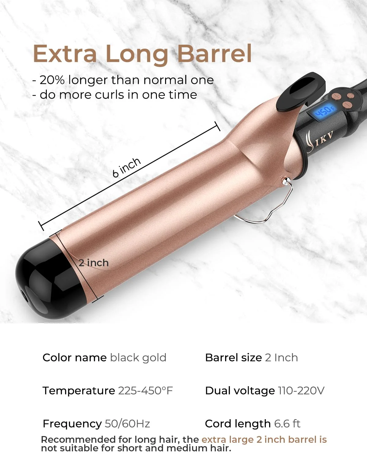 2 Inch Curling Iron Extra Long Barrel for Long Hair, Large Barrel Curling Wand Ceramic Tourmaline with LCD Display,10 Temps, Dual Voltage - Image 4
