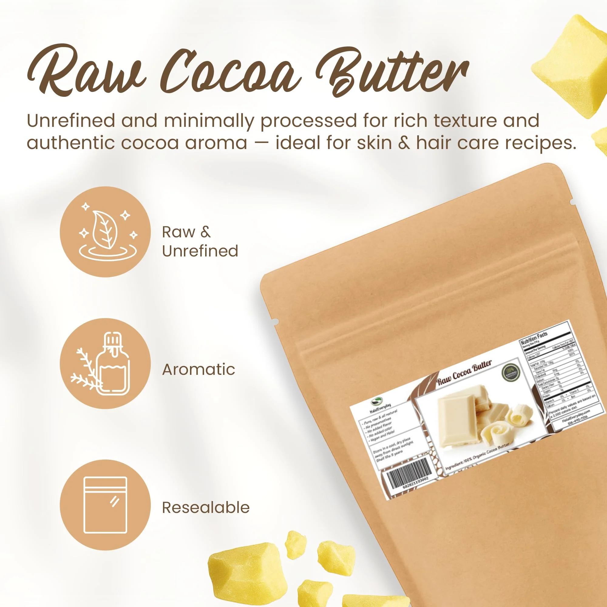 2 Lb Cocoa Butter: Pure, Raw, Unprocessed. Incredible Quality and Scent. Use for Lotion, Cream, Lip Balm, Oil, Stick, or Body Butter. NON-GMO By SaaQin® - Image 7