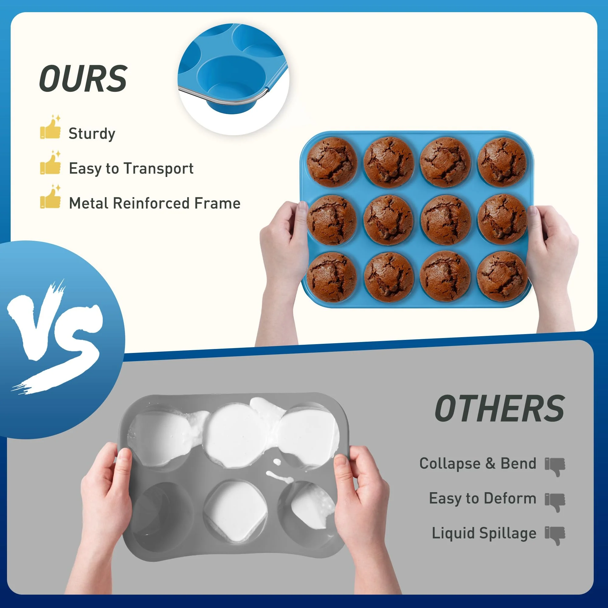2 Pack 12 Cups Silicone Muffin Pan with Metal Reinforced Frame Regular Size Silicone Molds Cupcake Cake Baking Pans Cookie Baking Chocoflan Cupcake Mold Muffin Tin Tart Pans Necessities Cookware - Image 7
