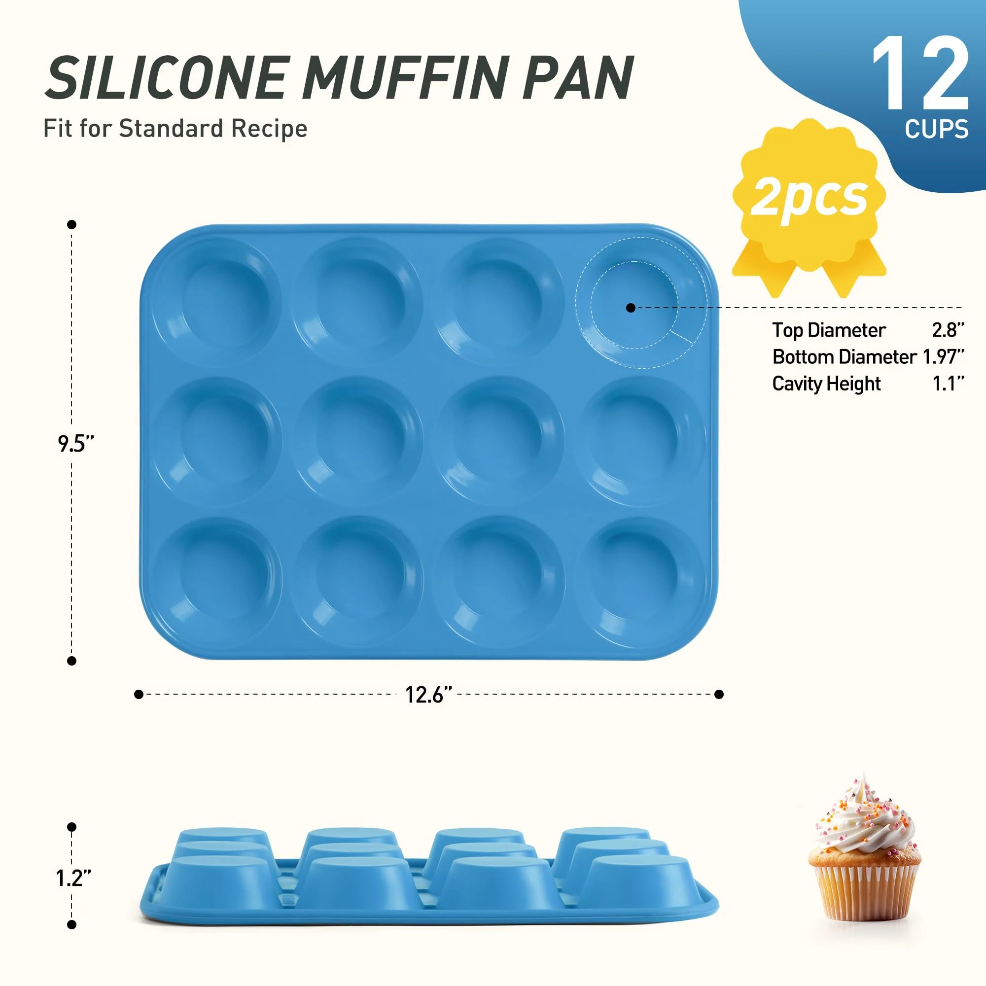 2 Pack 12 Cups Silicone Muffin Pan with Metal Reinforced Frame Regular Size Silicone Molds Cupcake Cake Baking Pans Cookie Baking Chocoflan Cupcake Mold Muffin Tin Tart Pans Necessities Cookware - Image 8