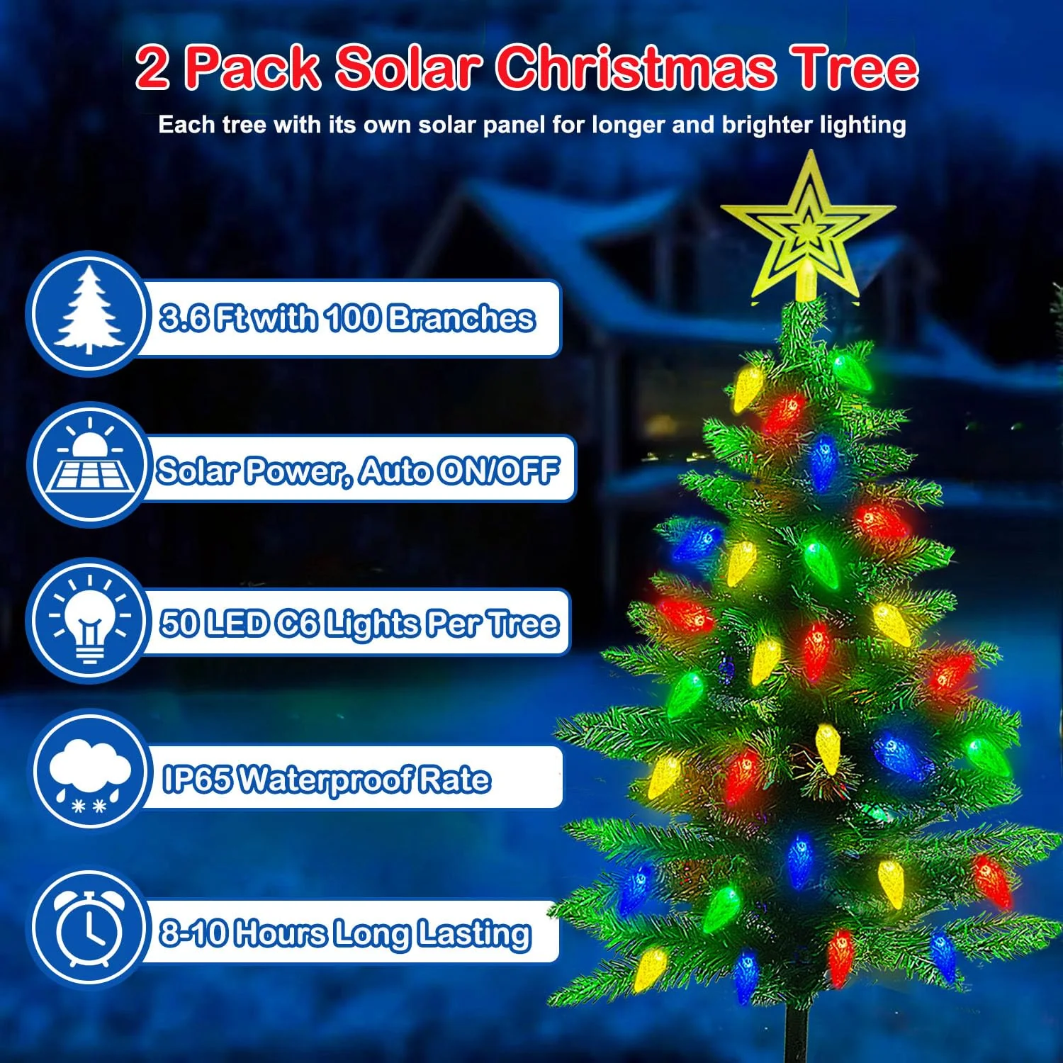 2-Pack 3.6FT Solar Christmas Tree Outdoor Christmas Decorations, 8 Modes Solar Xmas Tree Lights with 100 LED, Waterproof Solar Christmas Lights for Yard Front Porch Pathway Grave Cemetery Decor - Image 3