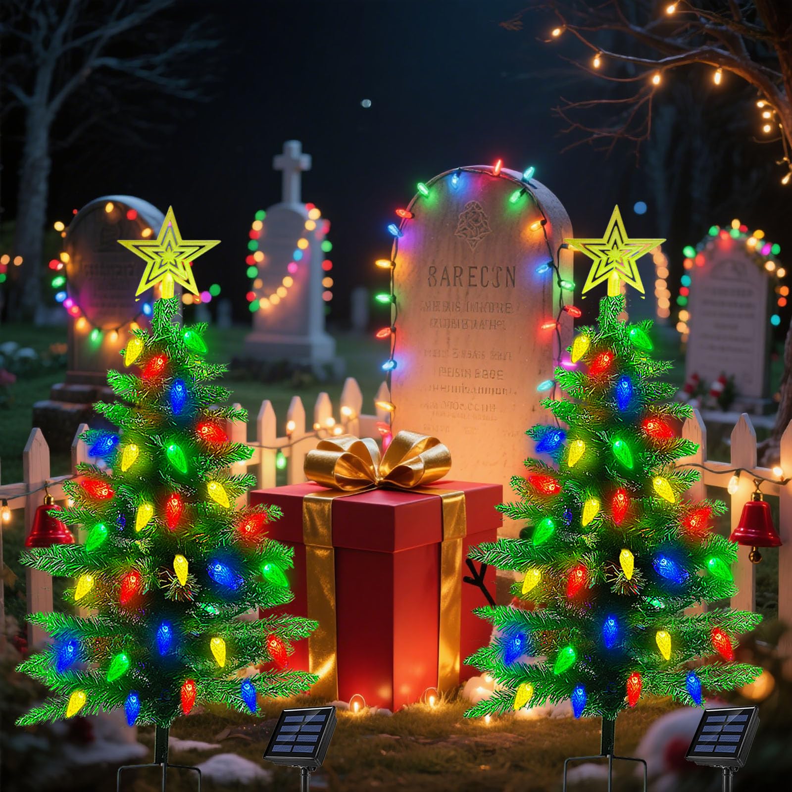 2-Pack 3.6FT Solar Christmas Tree Outdoor Christmas Decorations, 8 Modes Solar Xmas Tree Lights with 100 LED, Waterproof Solar Christmas Lights for Yard Front Porch Pathway Grave Cemetery Decor - Image 5