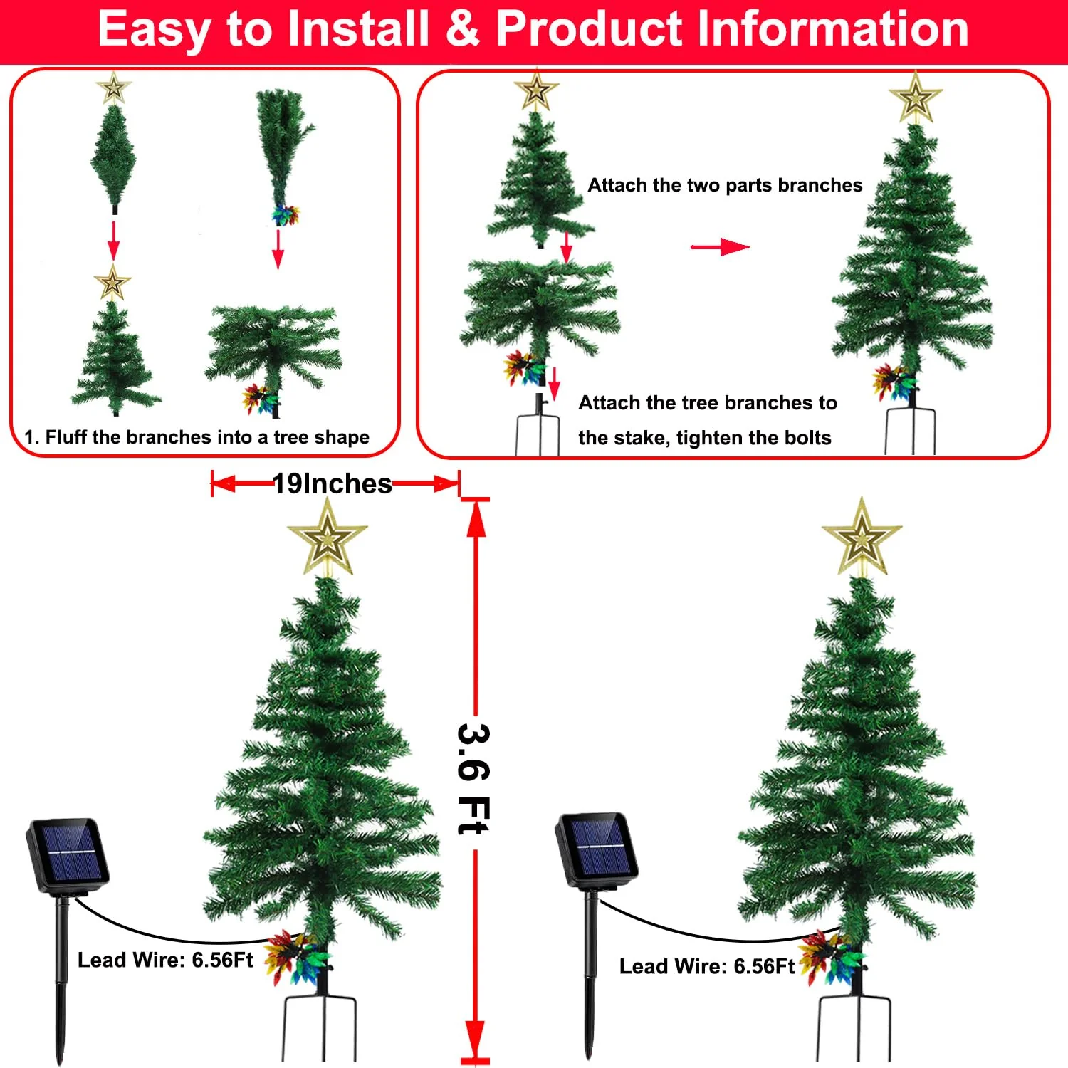 2-Pack 3.6FT Solar Christmas Tree Outdoor Christmas Decorations, 8 Modes Solar Xmas Tree Lights with 100 LED, Waterproof Solar Christmas Lights for Yard Front Porch Pathway Grave Cemetery Decor - Image 7