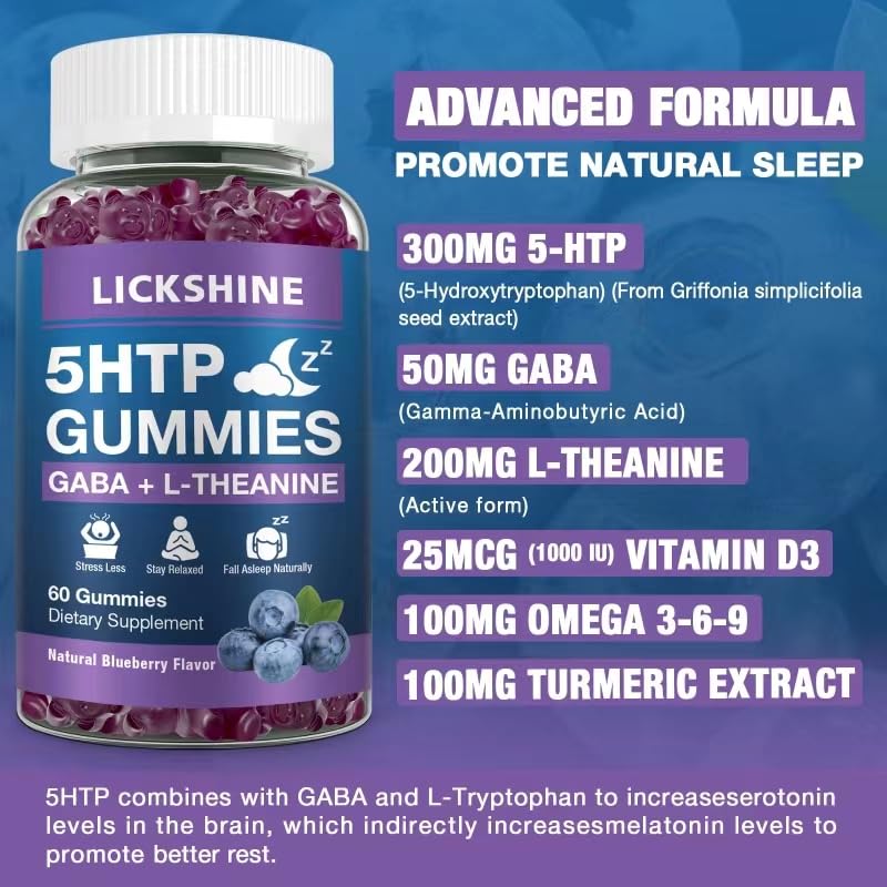 2 Pack 300MG 5-HTP GABA Sleep Supplement Gummies with 200mg L-Theanine Supplement for Brain, Mood Stabilizer and Sleep Support, Melatonin-Free, Omega 3-6-9 for Natural Zzzs, Blueberry Flavor - Image 6