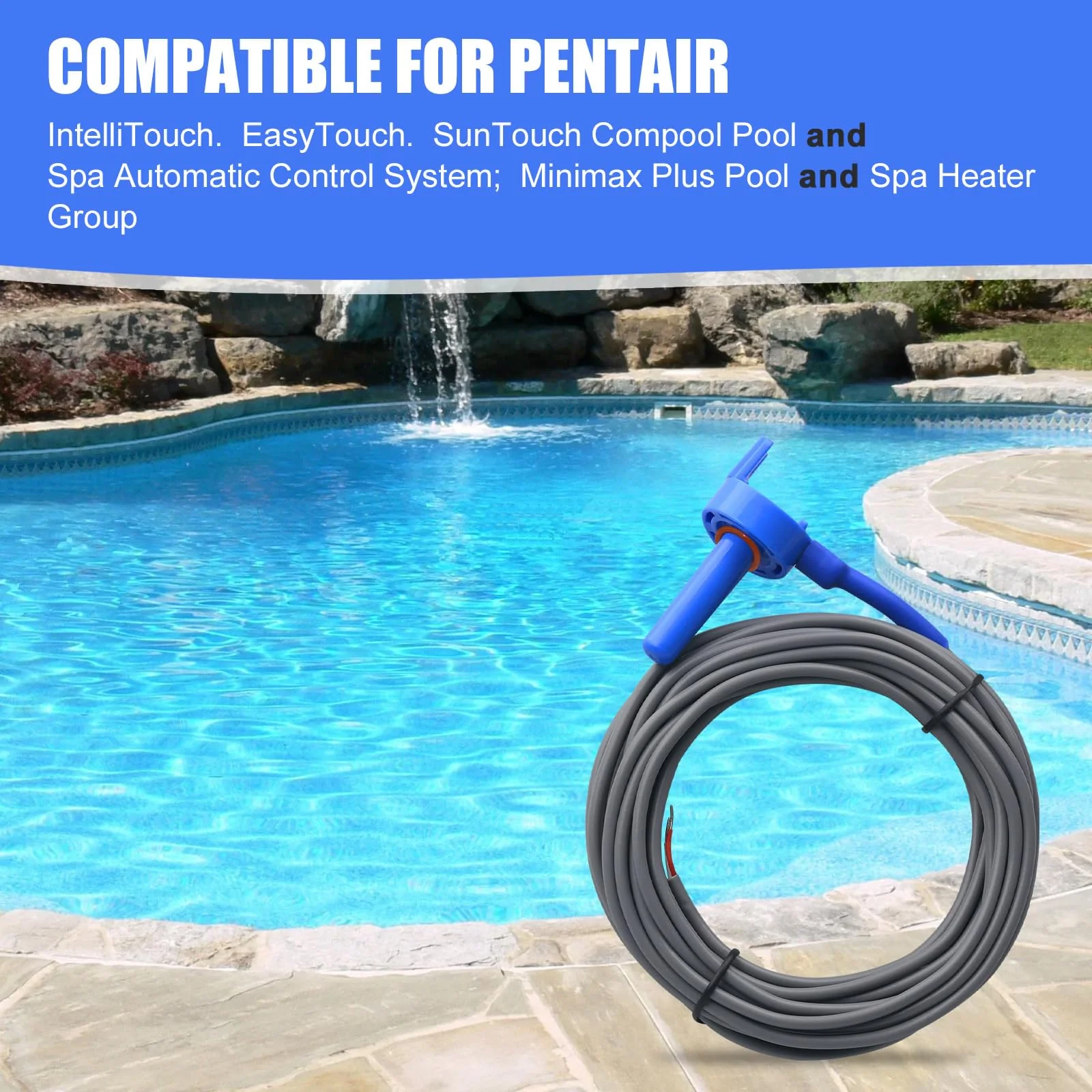 2 Pack 520272 Pool 7790 Temperature Sensor Thermistor Air/Water/Solar 20' Feet Cable for Jandy - Replacement Pool/Spa (10K-ohm Sensor - Includes 2 Pcs 2" Pipe Clamp) - Image 2