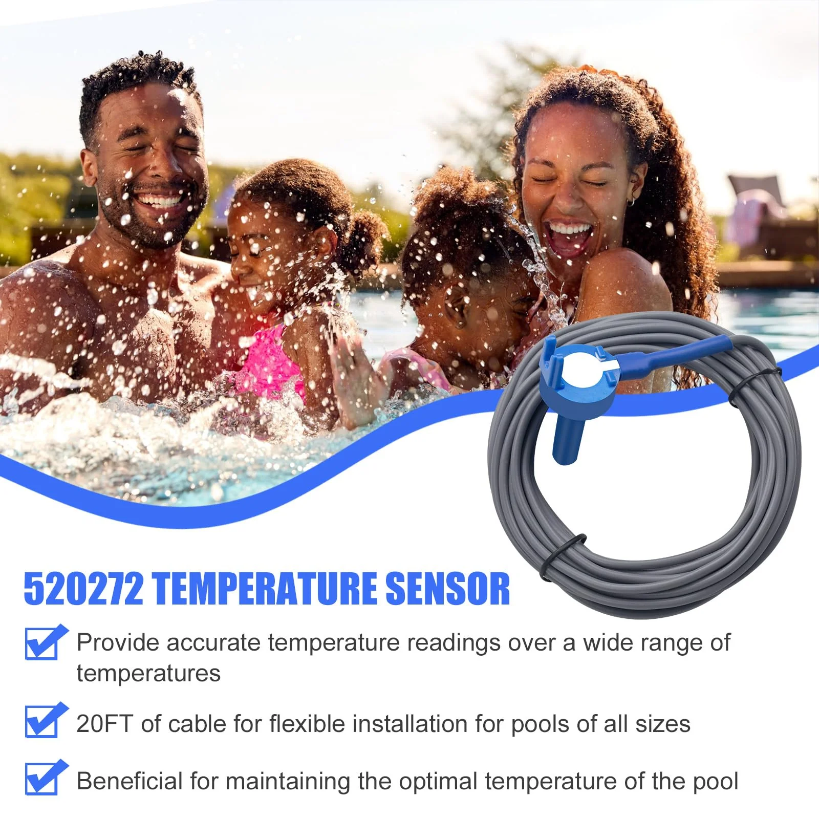 2 Pack 520272 Pool 7790 Temperature Sensor Thermistor Air/Water/Solar 20' Feet Cable for Jandy - Replacement Pool/Spa (10K-ohm Sensor - Includes 2 Pcs 2" Pipe Clamp) - Image 4