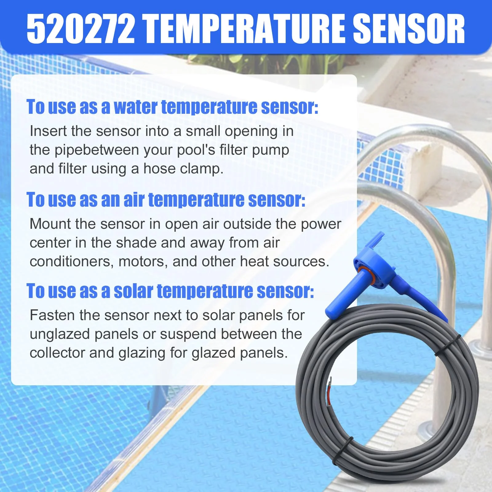 2 Pack 520272 Pool 7790 Temperature Sensor Thermistor Air/Water/Solar 20' Feet Cable for Jandy - Replacement Pool/Spa (10K-ohm Sensor - Includes 2 Pcs 2" Pipe Clamp) - Image 5