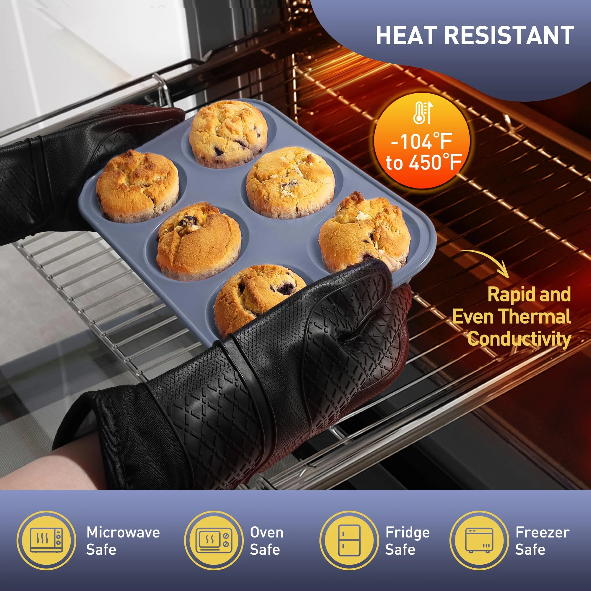 2 Pack 6 Cups Jumbo Muffin Pan with Metal Reinforced Frame Silicone Molds Egg Bites Silicone Circle Cookie Molds Extra Large Muffin Tin Jumbo Tart Pans Baking Sheet Set for Sandwiches - Image 5