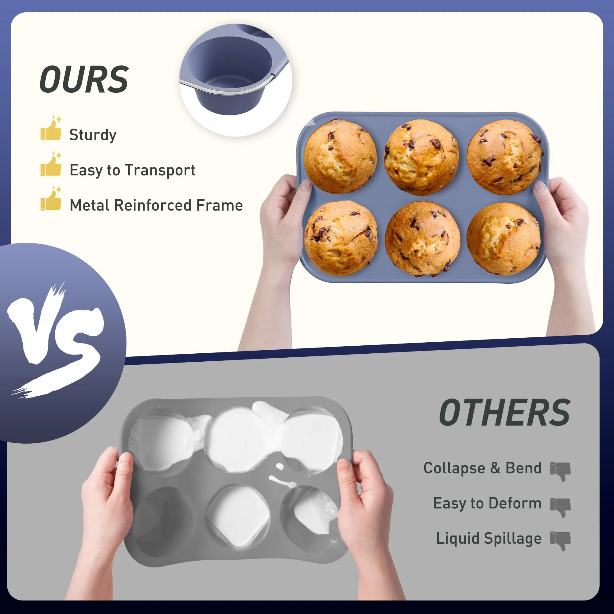 2 Pack 6 Cups Jumbo Muffin Pan with Metal Reinforced Frame Silicone Molds Egg Bites Silicone Circle Cookie Molds Extra Large Muffin Tin Jumbo Tart Pans Baking Sheet Set for Sandwiches - Image 7