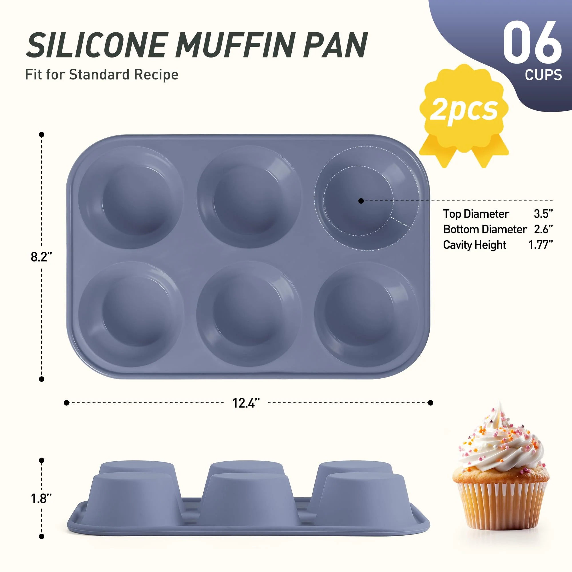 2 Pack 6 Cups Jumbo Muffin Pan with Metal Reinforced Frame Silicone Molds Egg Bites Silicone Circle Cookie Molds Extra Large Muffin Tin Jumbo Tart Pans Baking Sheet Set for Sandwiches - Image 8