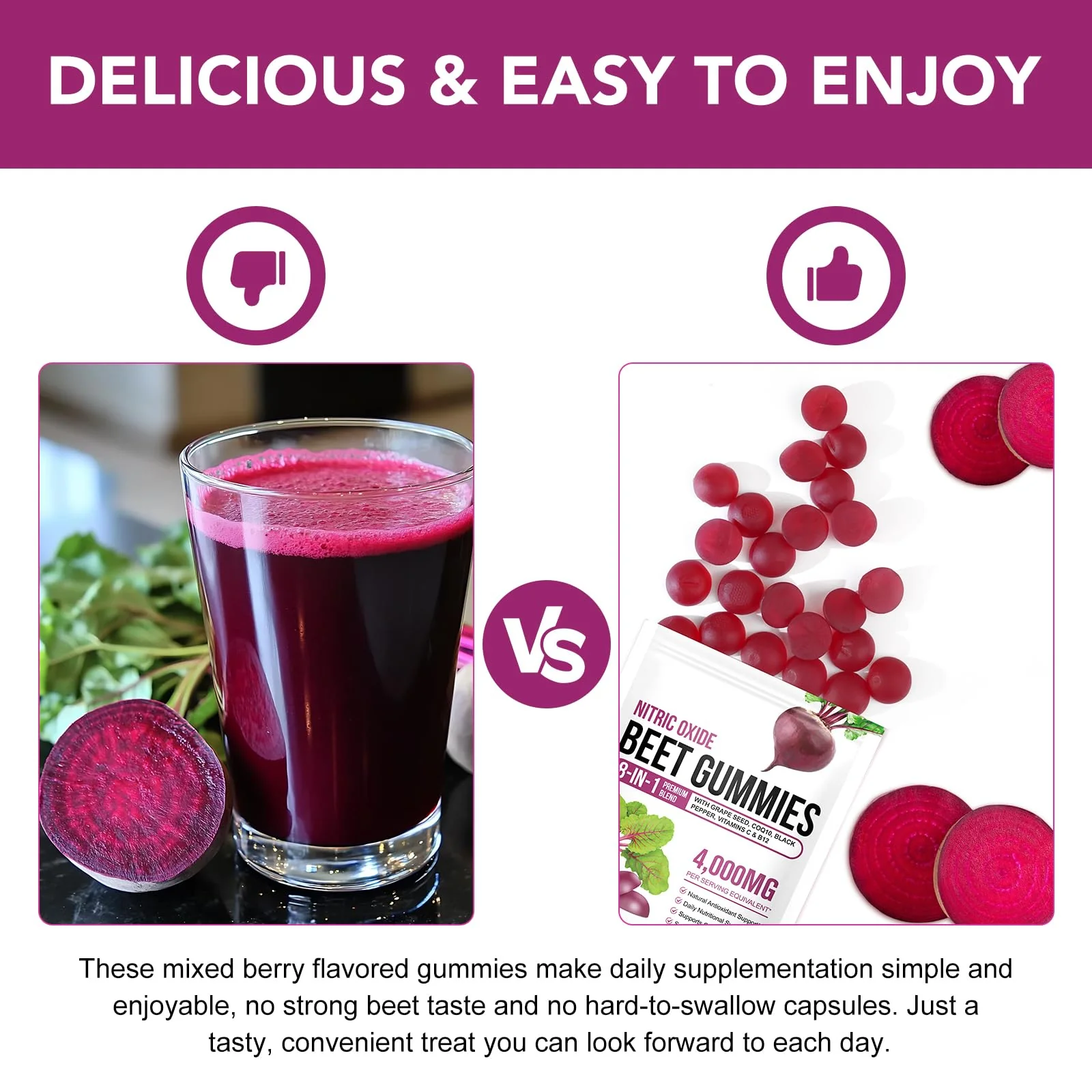 2 Pack Beet Root Gummies Enriched with 200mg CoQ10 & Beet Root Extract for Blood Pressure, Heart Health Support, Energy Level Suport, Promoting Nitric Oxide, W/ Vitamin B12, C, Sugar-Free | 90 Chews - Image 2
