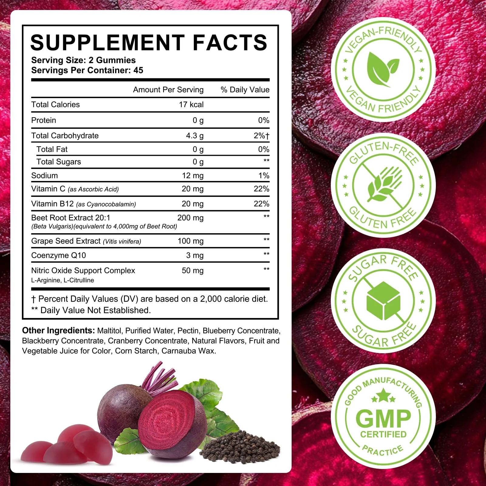 2 Pack Beet Root Gummies Enriched with 200mg CoQ10 & Beet Root Extract for Blood Pressure, Heart Health Support, Energy Level Suport, Promoting Nitric Oxide, W/ Vitamin B12, C, Sugar-Free | 90 Chews - Image 3