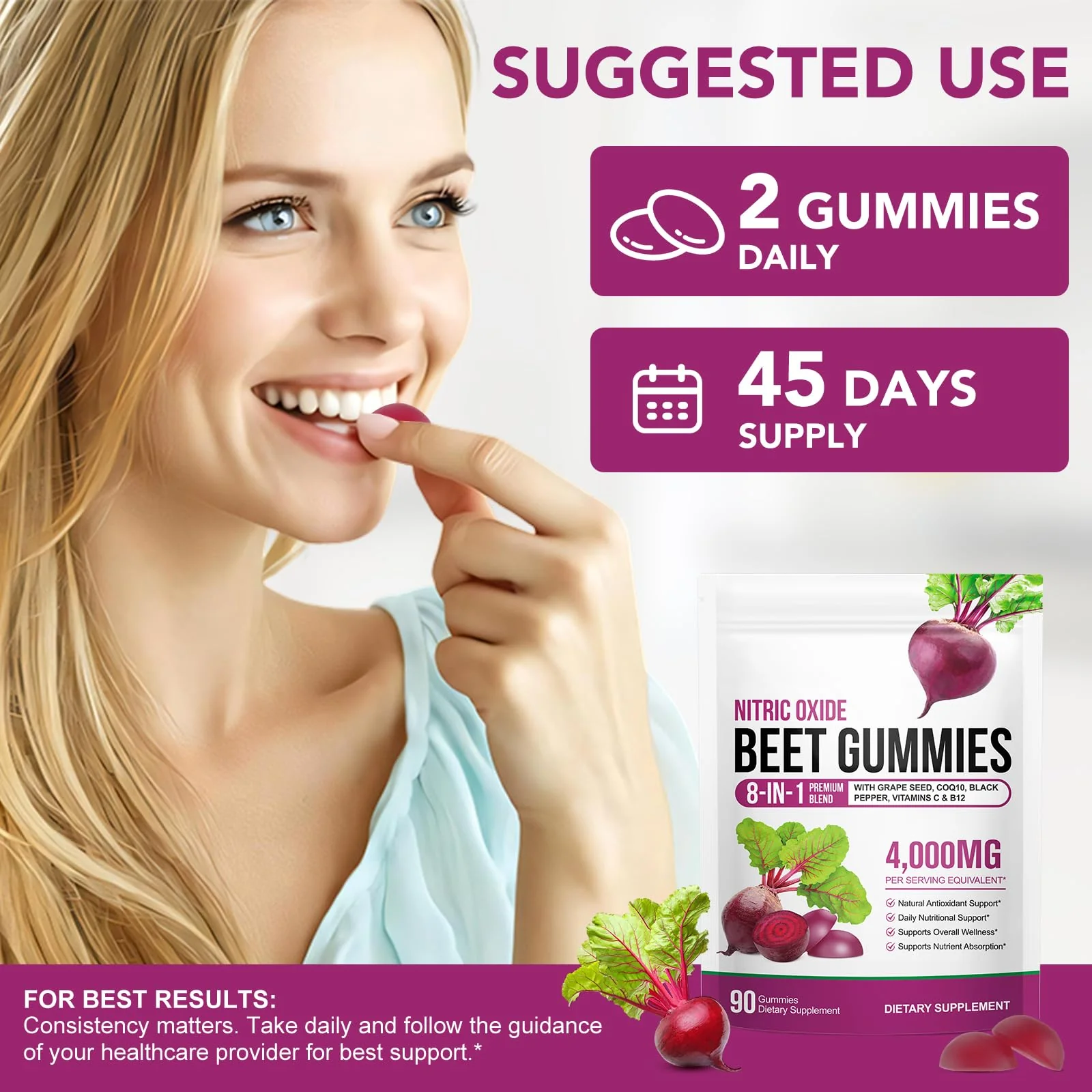 2 Pack Beet Root Gummies Enriched with 200mg CoQ10 & Beet Root Extract for Blood Pressure, Heart Health Support, Energy Level Suport, Promoting Nitric Oxide, W/ Vitamin B12, C, Sugar-Free | 90 Chews - Image 4
