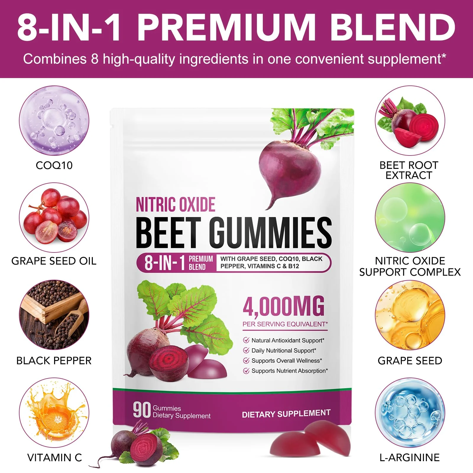 2 Pack Beet Root Gummies Enriched with 200mg CoQ10 & Beet Root Extract for Blood Pressure, Heart Health Support, Energy Level Suport, Promoting Nitric Oxide, W/ Vitamin B12, C, Sugar-Free | 90 Chews - Image 6