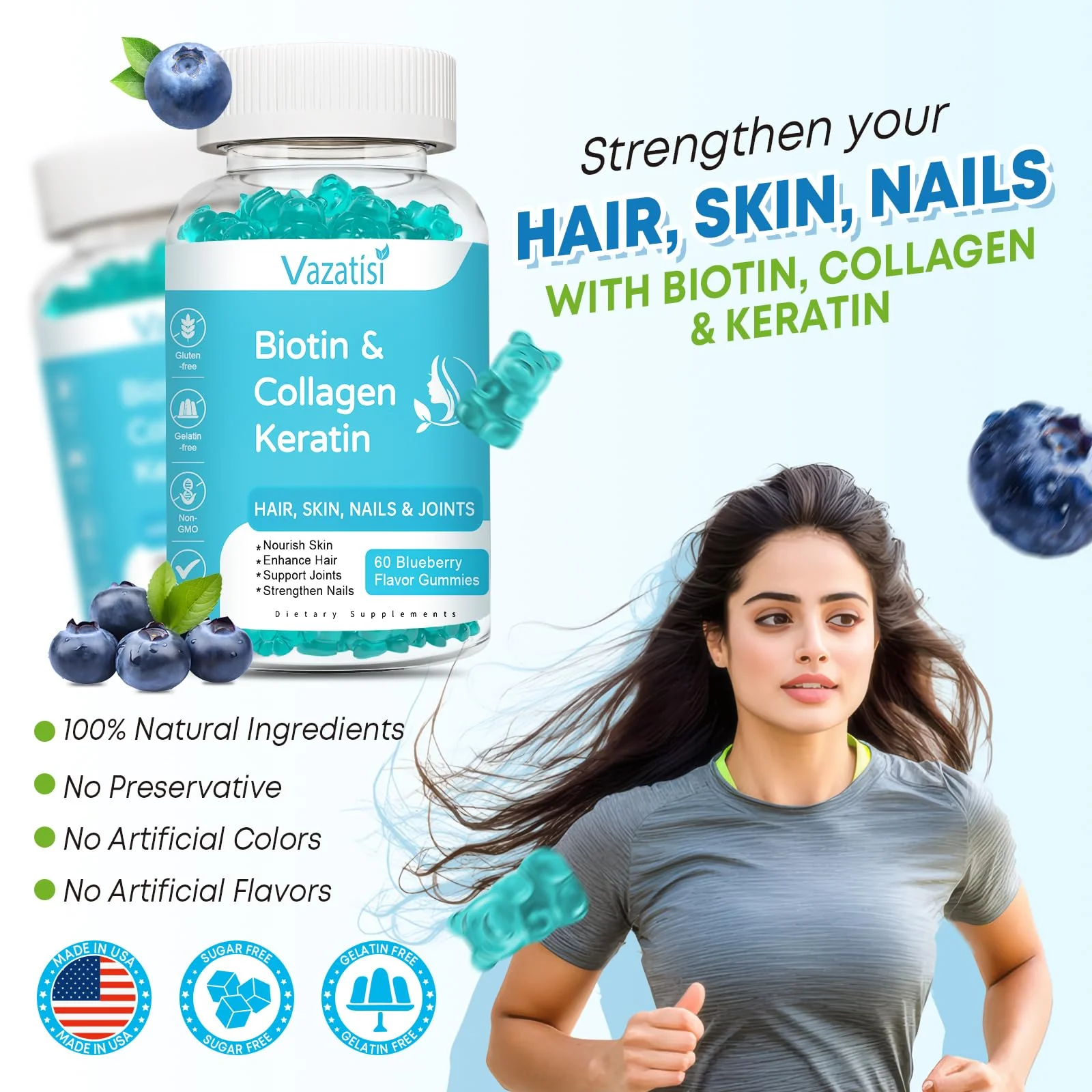 2 Pack Biotin Gummies with Collagen & Keratin for Hair Skin Nails- Women Men, Kids - 120 Blueberry Flavored Gummies - Image 3