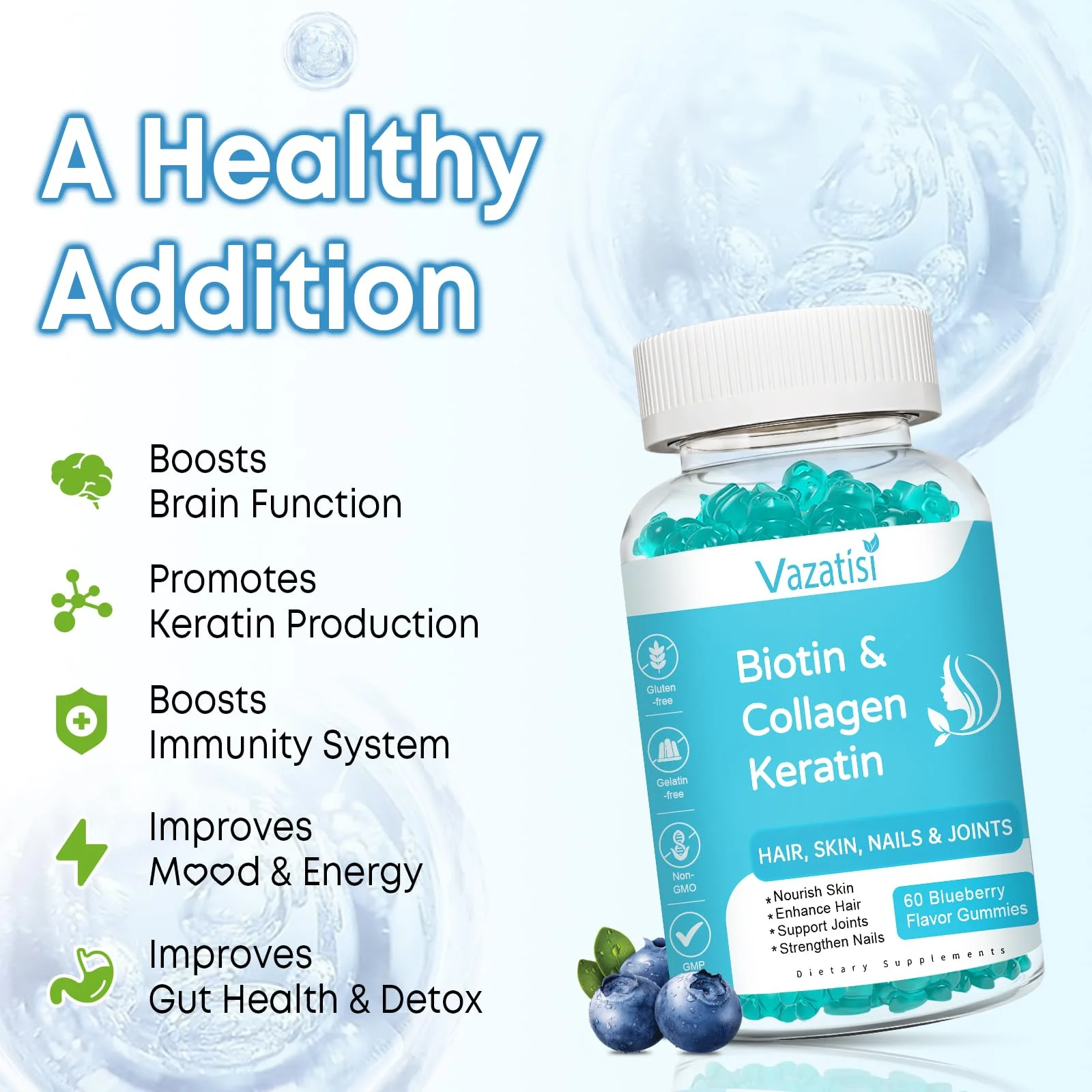 2 Pack Biotin Gummies with Collagen & Keratin for Hair Skin Nails- Women Men, Kids - 120 Blueberry Flavored Gummies - Image 4