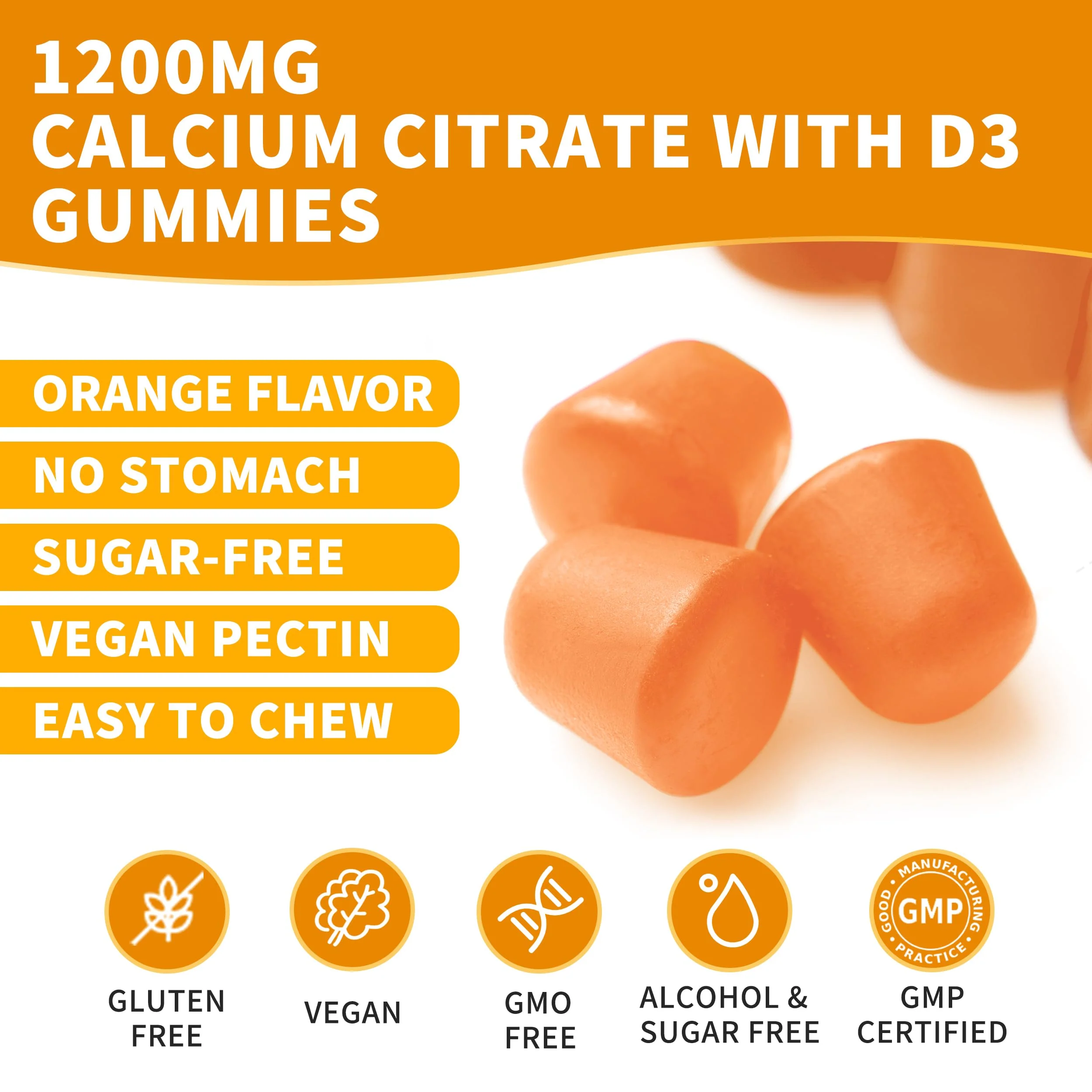 (2 Pack) Calcium Citrate 1200 mg Gummies with Vitamin D3, High Absorption Calcium Supplements for Women & Men, Sugar Free, Non-GMO, Gluten Free, Supports Muscle & Immune - Orange Flavor - Image 3