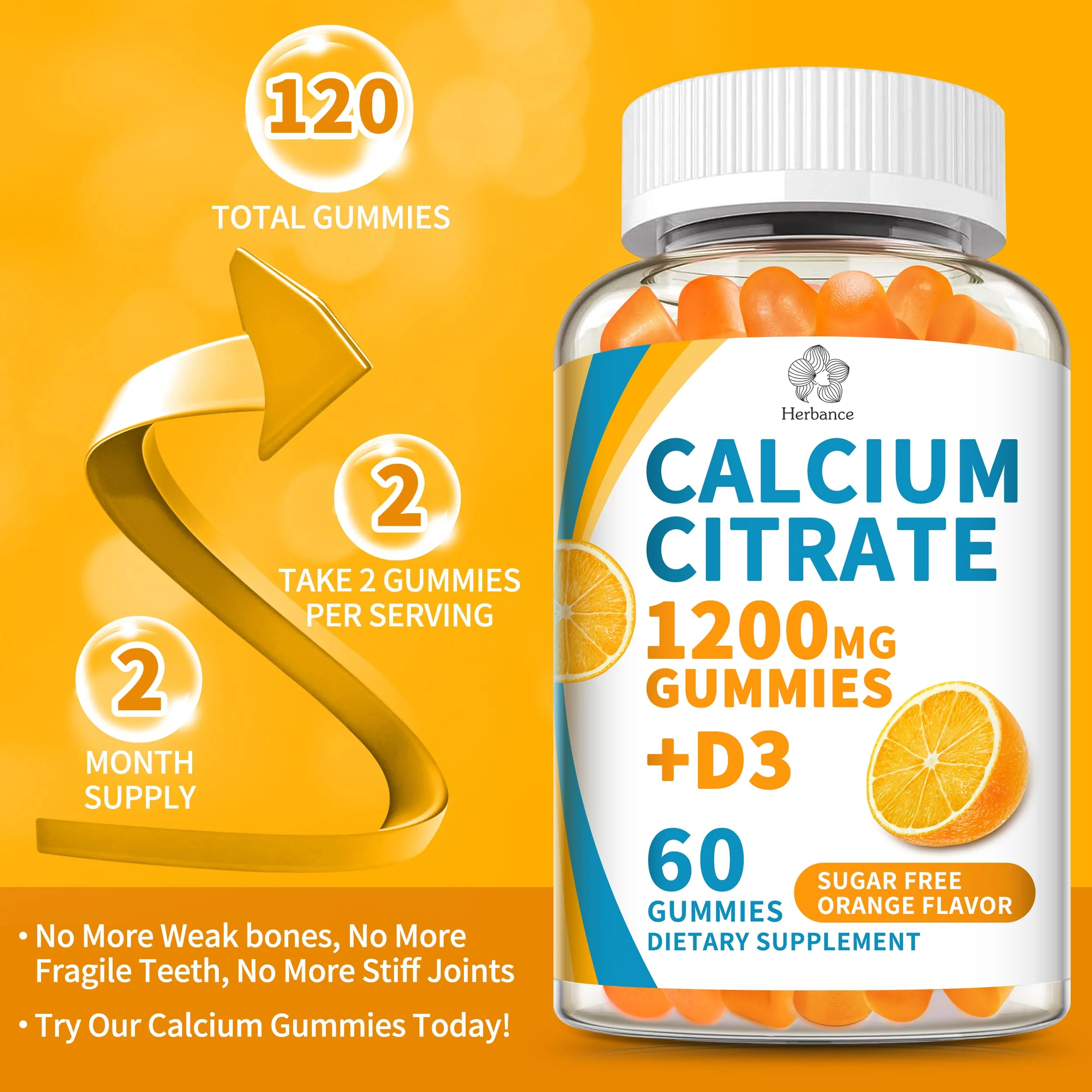 (2 Pack) Calcium Citrate 1200 mg Gummies with Vitamin D3, High Absorption Calcium Supplements for Women & Men, Sugar Free, Non-GMO, Gluten Free, Supports Muscle & Immune - Orange Flavor - Image 4