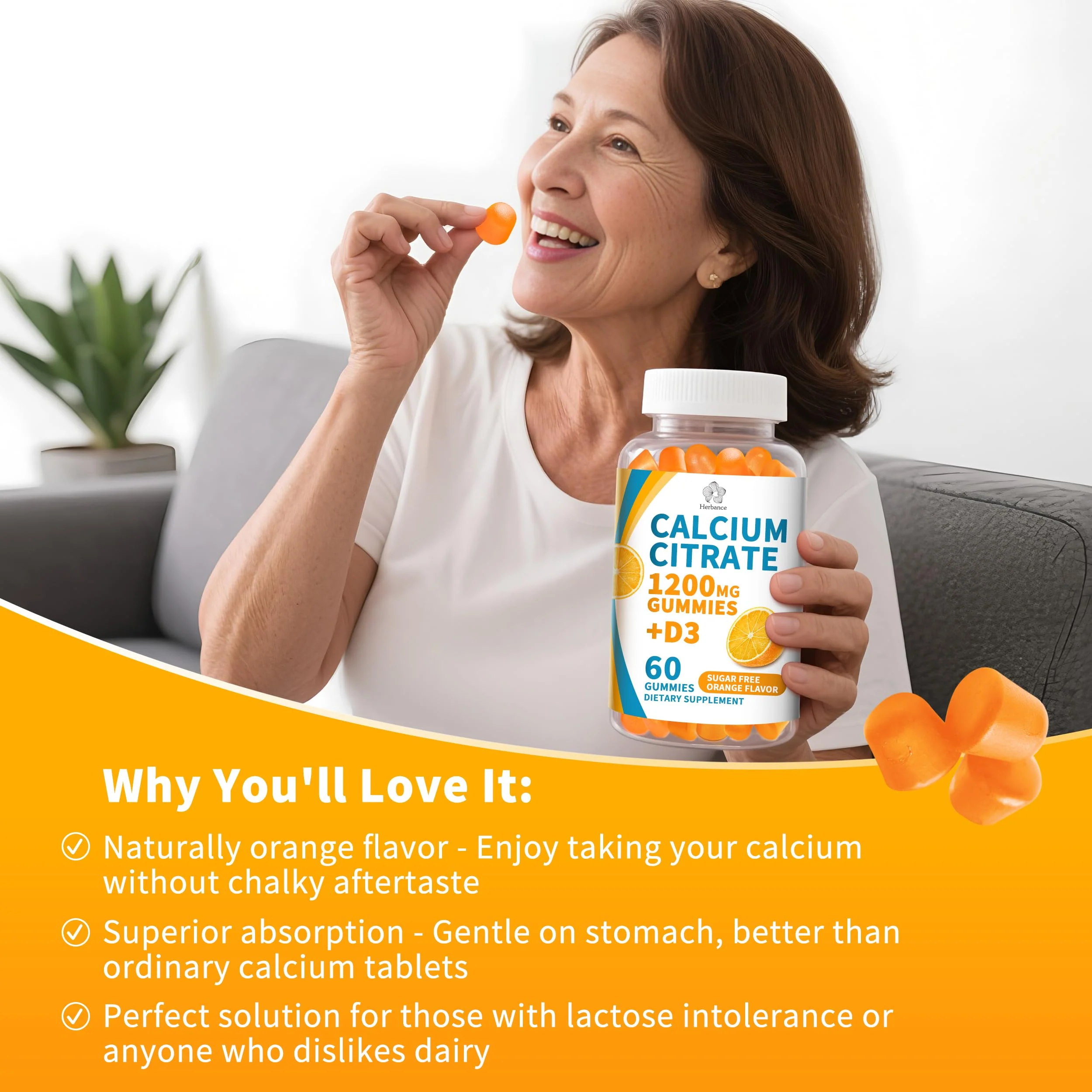 (2 Pack) Calcium Citrate 1200 mg Gummies with Vitamin D3, High Absorption Calcium Supplements for Women & Men, Sugar Free, Non-GMO, Gluten Free, Supports Muscle & Immune - Orange Flavor - Image 5