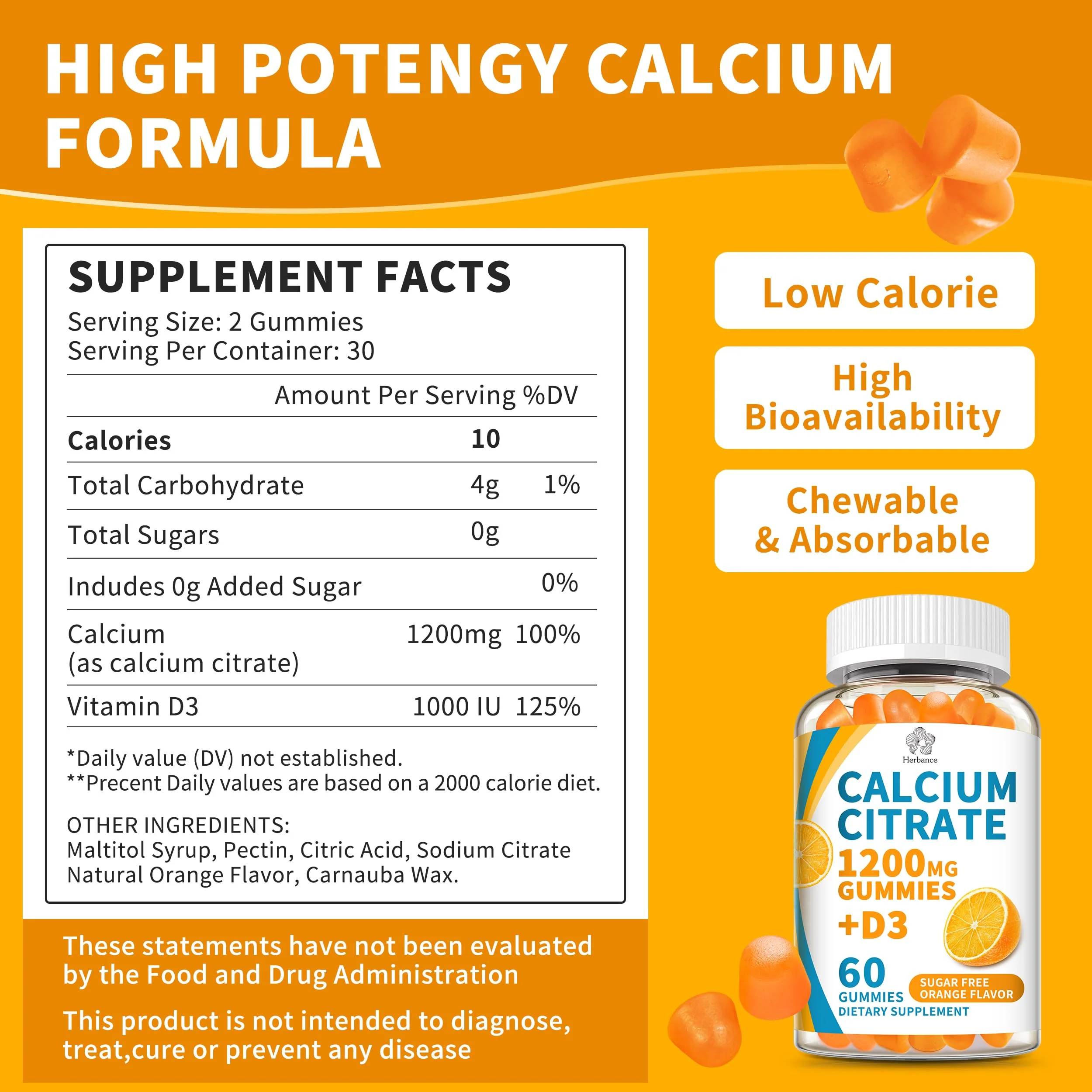 (2 Pack) Calcium Citrate 1200 mg Gummies with Vitamin D3, High Absorption Calcium Supplements for Women & Men, Sugar Free, Non-GMO, Gluten Free, Supports Muscle & Immune - Orange Flavor - Image 7