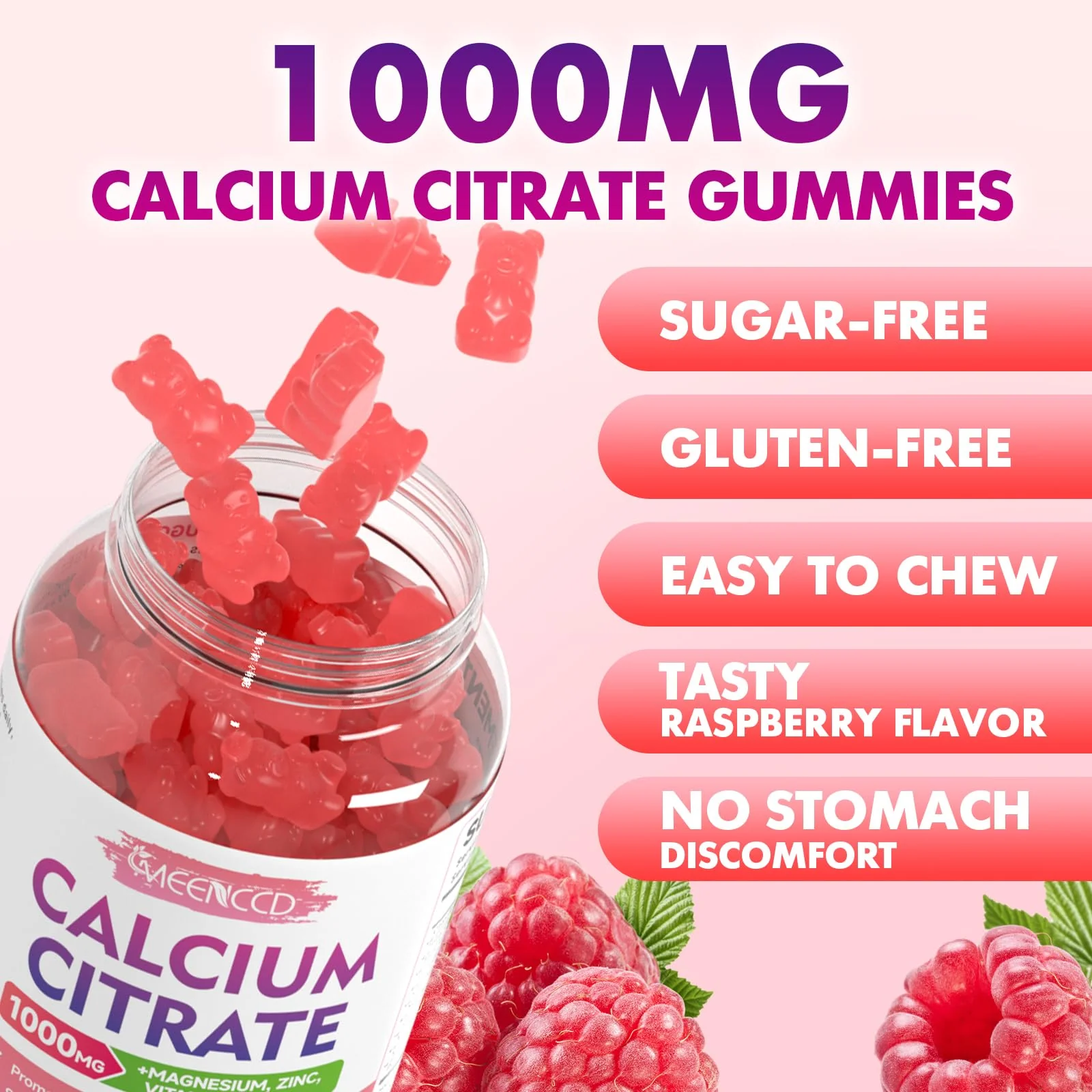 2 Pack Calcium Citrate Gummies 1000mg w/Vitamin D3, High Absorption Calcium Gummies for Women & Men, Plus Magnesium, Potassium, Zinc for Muscle & Immune Support, Raspberry Flavor, 120 Count - Image 4