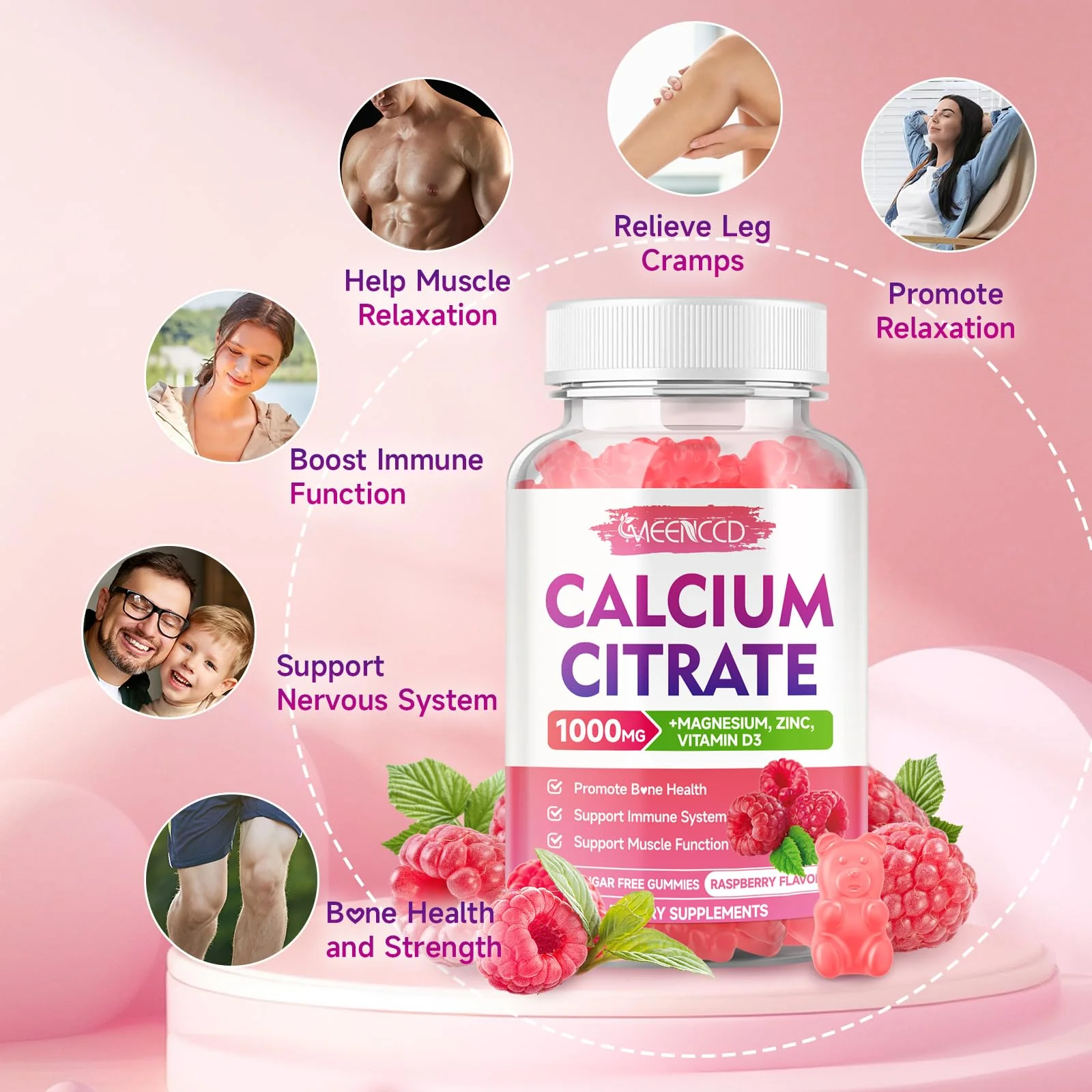 2 Pack Calcium Citrate Gummies 1000mg w/Vitamin D3, High Absorption Calcium Gummies for Women & Men, Plus Magnesium, Potassium, Zinc for Muscle & Immune Support, Raspberry Flavor, 120 Count - Image 8