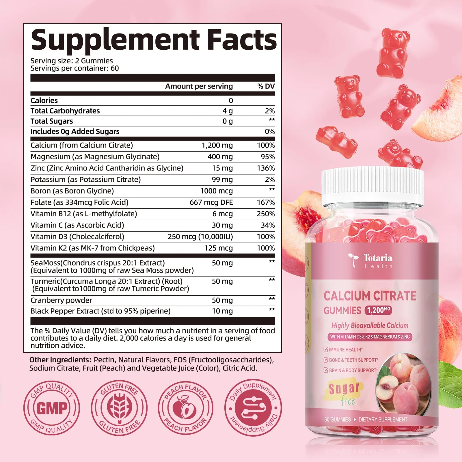 2 Pack Calcium Citrate Gummies 1200 mg - Calcium Supplements for Women with Vitamin D3 & K2,Magnesium,Zinc - Sugar Free Calcium Gummies for Bone & Teeth & Immune Support- Peach Flavor - Image 2