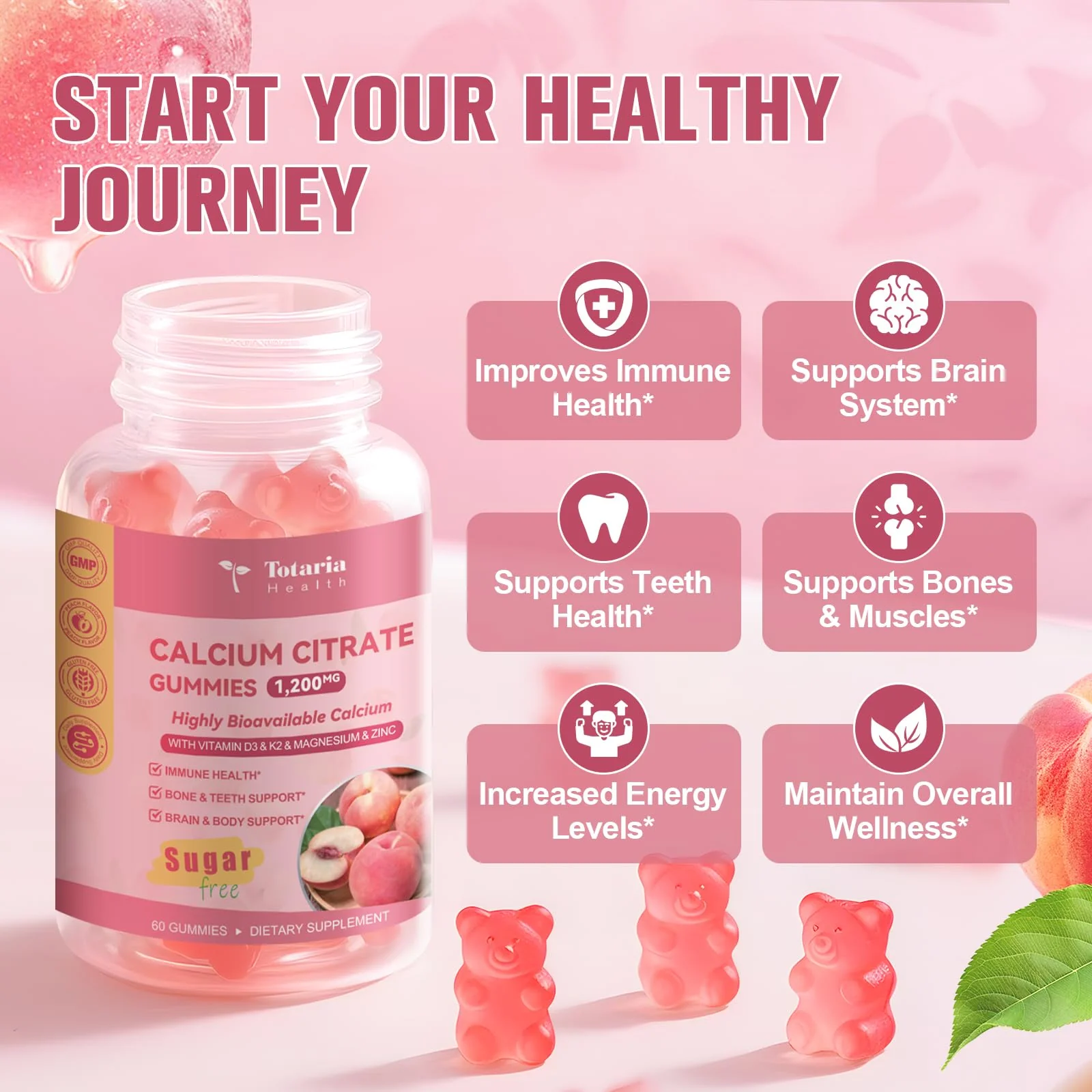 2 Pack Calcium Citrate Gummies 1200 mg - Calcium Supplements for Women with Vitamin D3 & K2,Magnesium,Zinc - Sugar Free Calcium Gummies for Bone & Teeth & Immune Support- Peach Flavor - Image 6