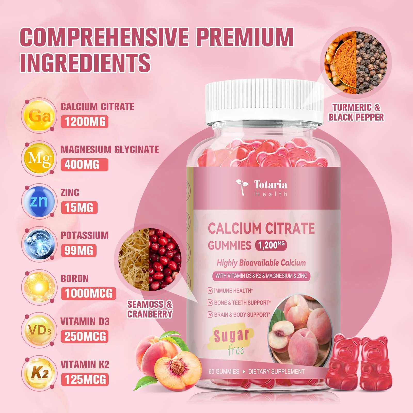 2 Pack Calcium Citrate Gummies 1200 mg - Calcium Supplements for Women with Vitamin D3 & K2,Magnesium,Zinc - Sugar Free Calcium Gummies for Bone & Teeth & Immune Support- Peach Flavor - Image 7