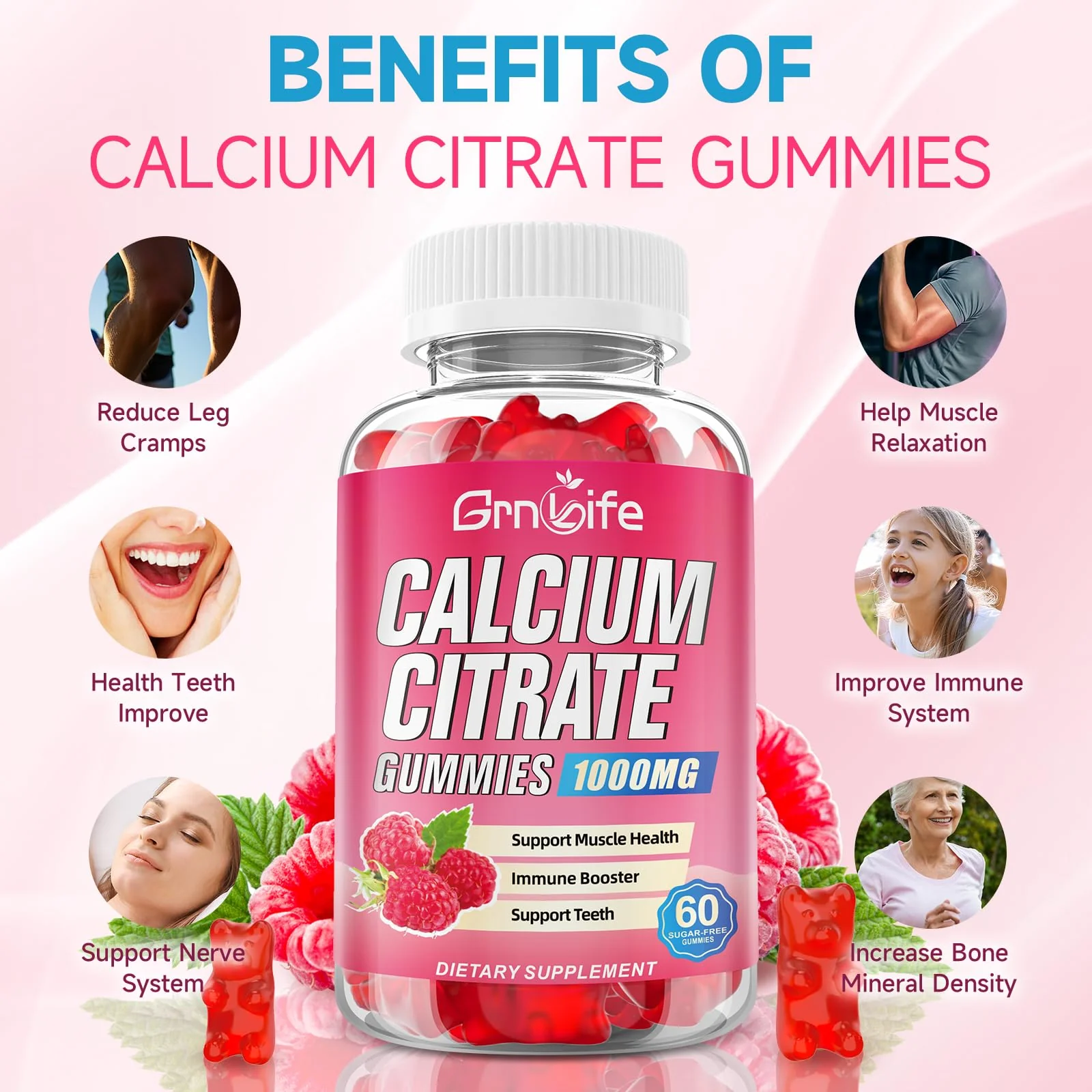 2 Pack Calcium Citrate Gummies, Sugar Free Calcium Citrate 1000mg for Muscle Healthy, Absorption Calcium Supplements for Adults & Kids, Raspberry, 120 Count - Image 6