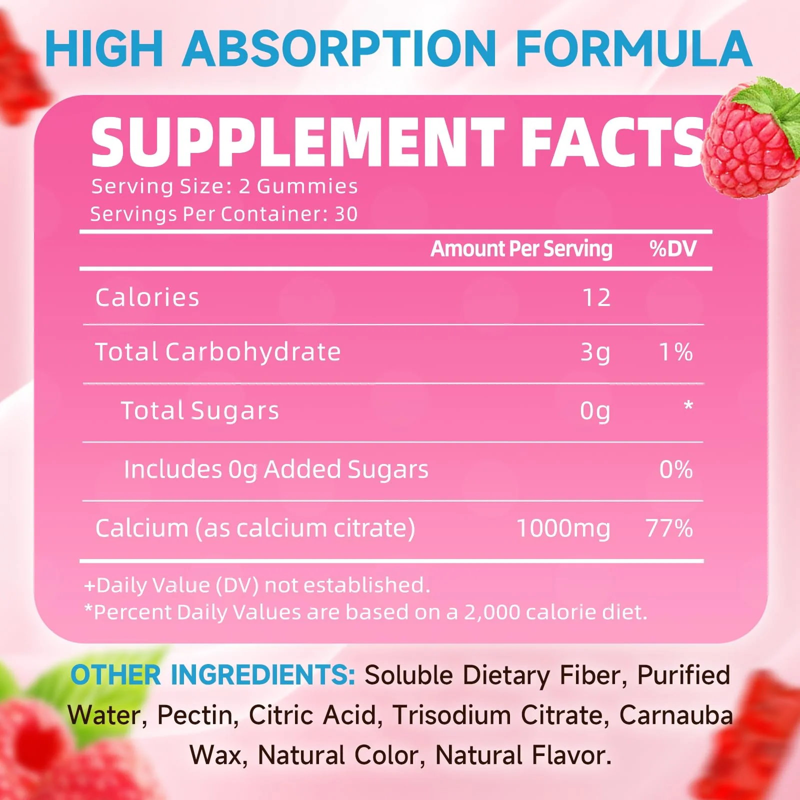 2 Pack Calcium Citrate Gummies, Sugar Free Calcium Citrate 1000mg for Muscle Healthy, Absorption Calcium Supplements for Adults & Kids, Raspberry, 120 Count - Image 7