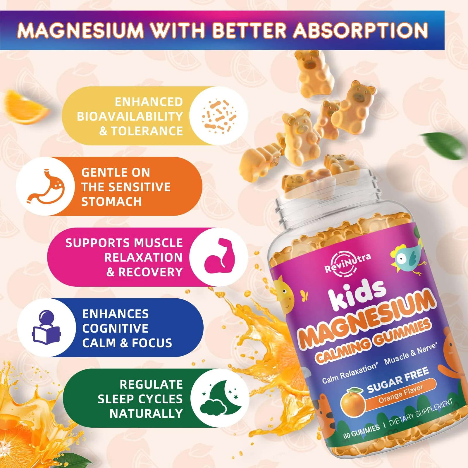 2 Pack Calm Magnesium Gummies for Kids - Magnesium Glycinate Supplement for Sleep, Brain, Immune & Bone Health - Great Tasting Magnesium Gummies for Adults & Kids - Sugar Free Orange - Image 3