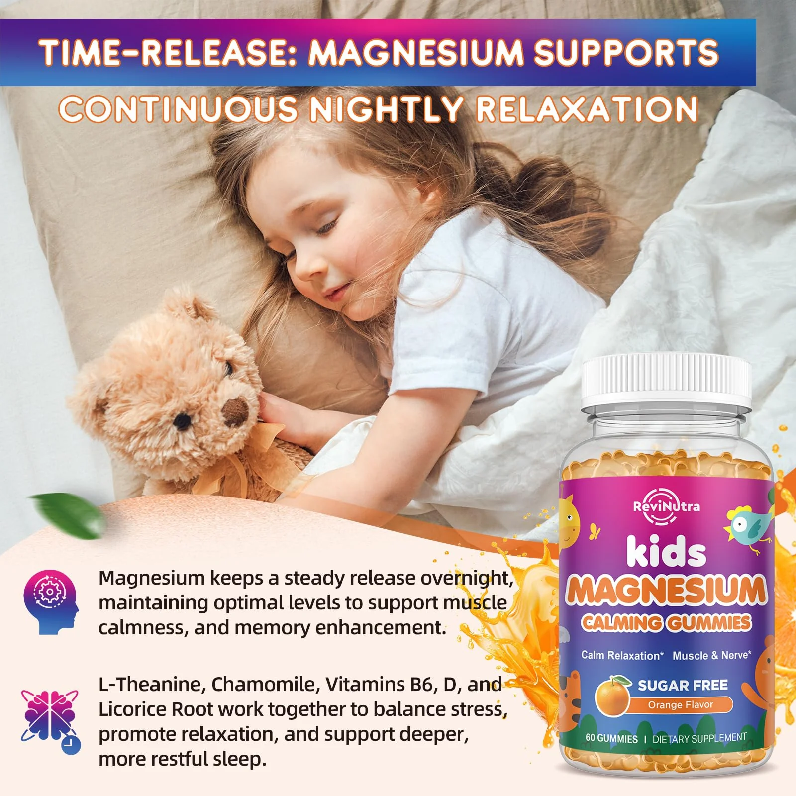 2 Pack Calm Magnesium Gummies for Kids - Magnesium Glycinate Supplement for Sleep, Brain, Immune & Bone Health - Great Tasting Magnesium Gummies for Adults & Kids - Sugar Free Orange - Image 4