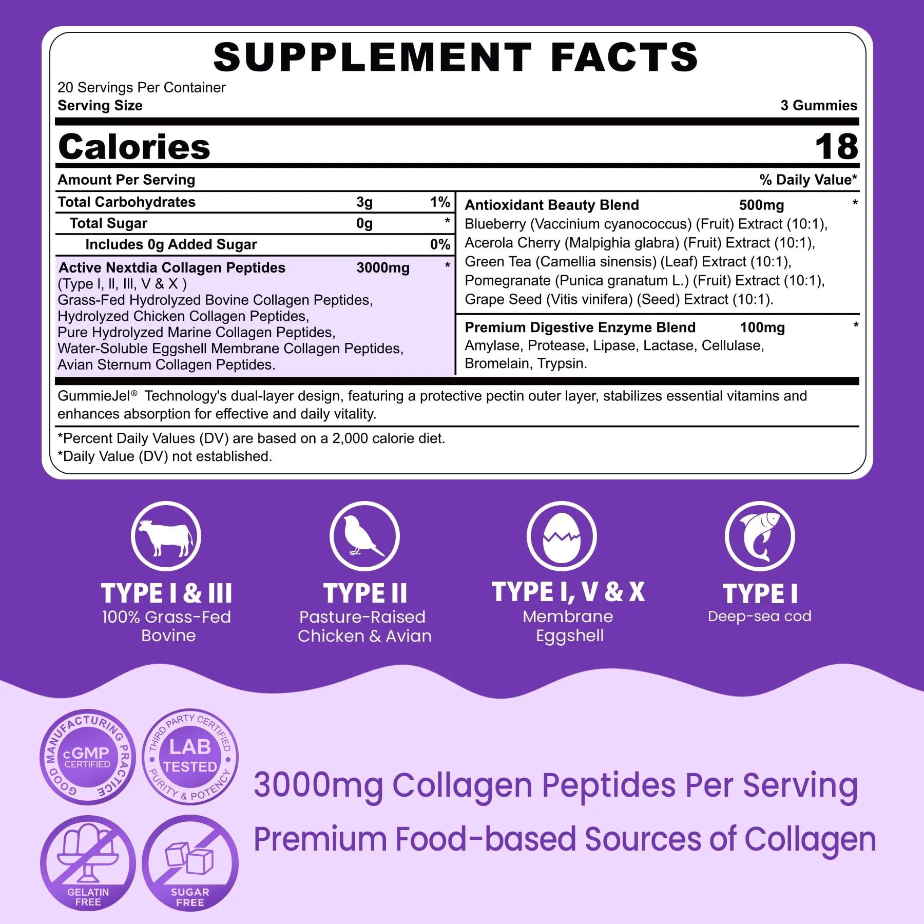 2 Pack Collagen Gummies for Women & Men 3000mg, Hydrolyzed Collagen Peptides with Antioxidant Blend & Digestive Enzymes, Multi Collagen (Type I,II,III,V,X) for Anti-Aging, Hair, Skin, Nails,Sugar Free - Image 9