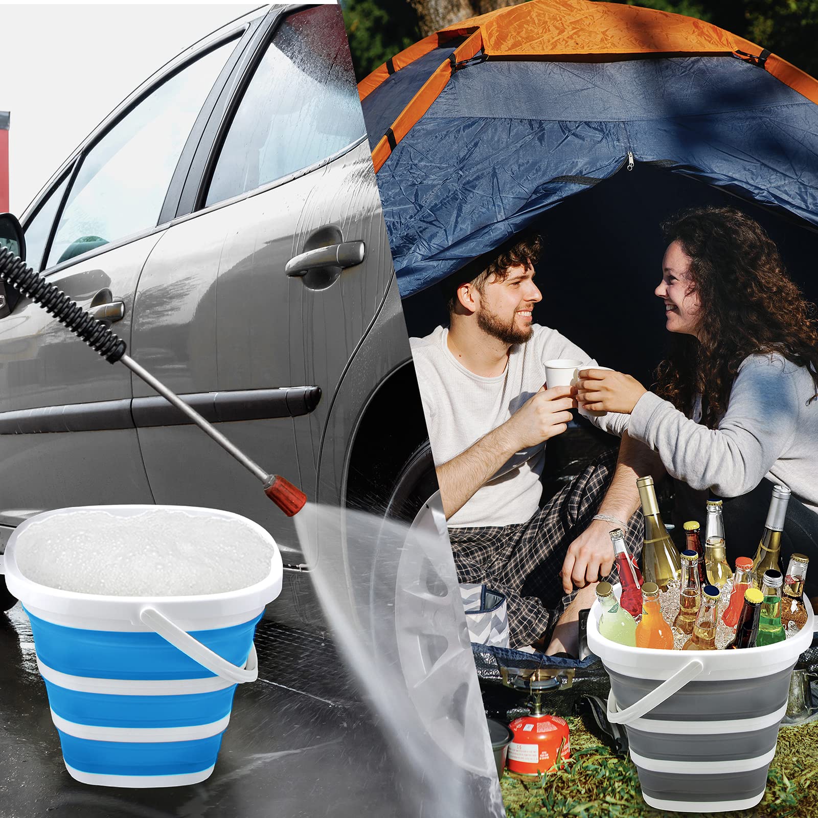 2 Pack Collapsible Buckets 10L 2.6 Gallon Cleaning Bucket Mop Bucket Folding Foldable Portable Small Plastic Water Supplies for Outdoor Garden Camping Fishing Car Wash Space Saving Square Grey Blue - Image 2