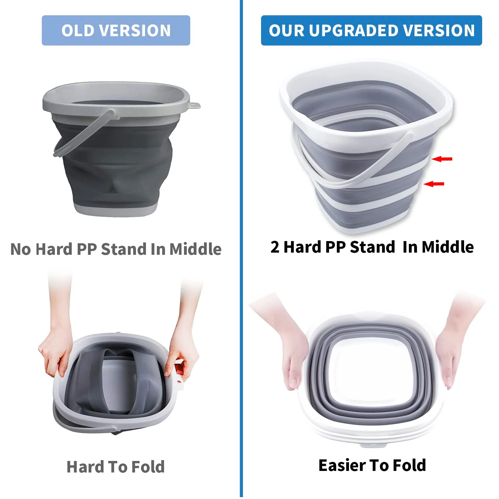 2 Pack Collapsible Buckets 10L 2.6 Gallon Cleaning Bucket Mop Bucket Folding Foldable Portable Small Plastic Water Supplies for Outdoor Garden Camping Fishing Car Wash Space Saving Square Grey Blue - Image 6