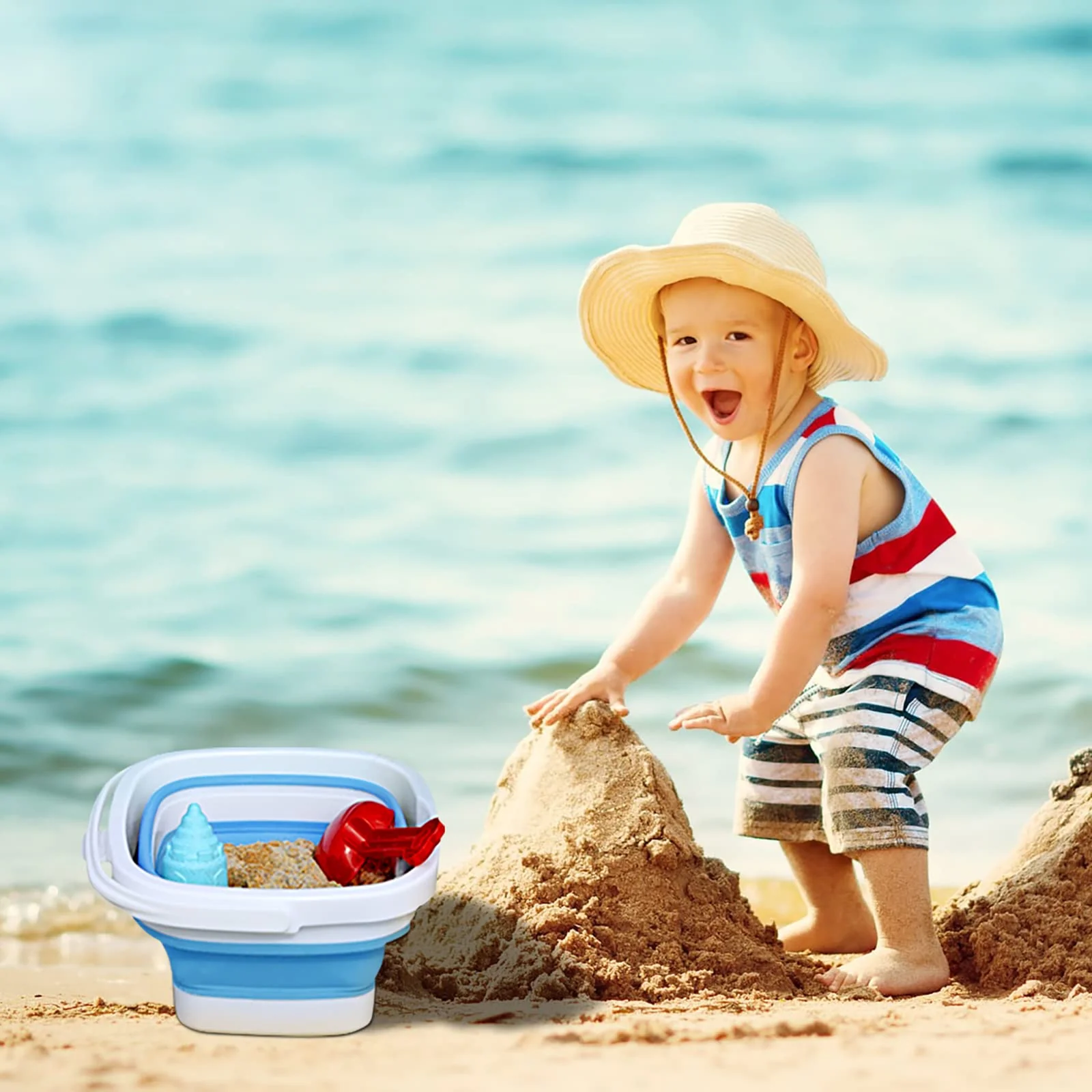 2 Pack Collapsible Buckets 5L 1.3Gallon Small Cleaning Bucket for Household Portable Plastic Bucket Outdoor Car Washing Tub Foldable Camping Beach Sand Water Pot Pail Space Saving Square Grey and Blue - Image 3