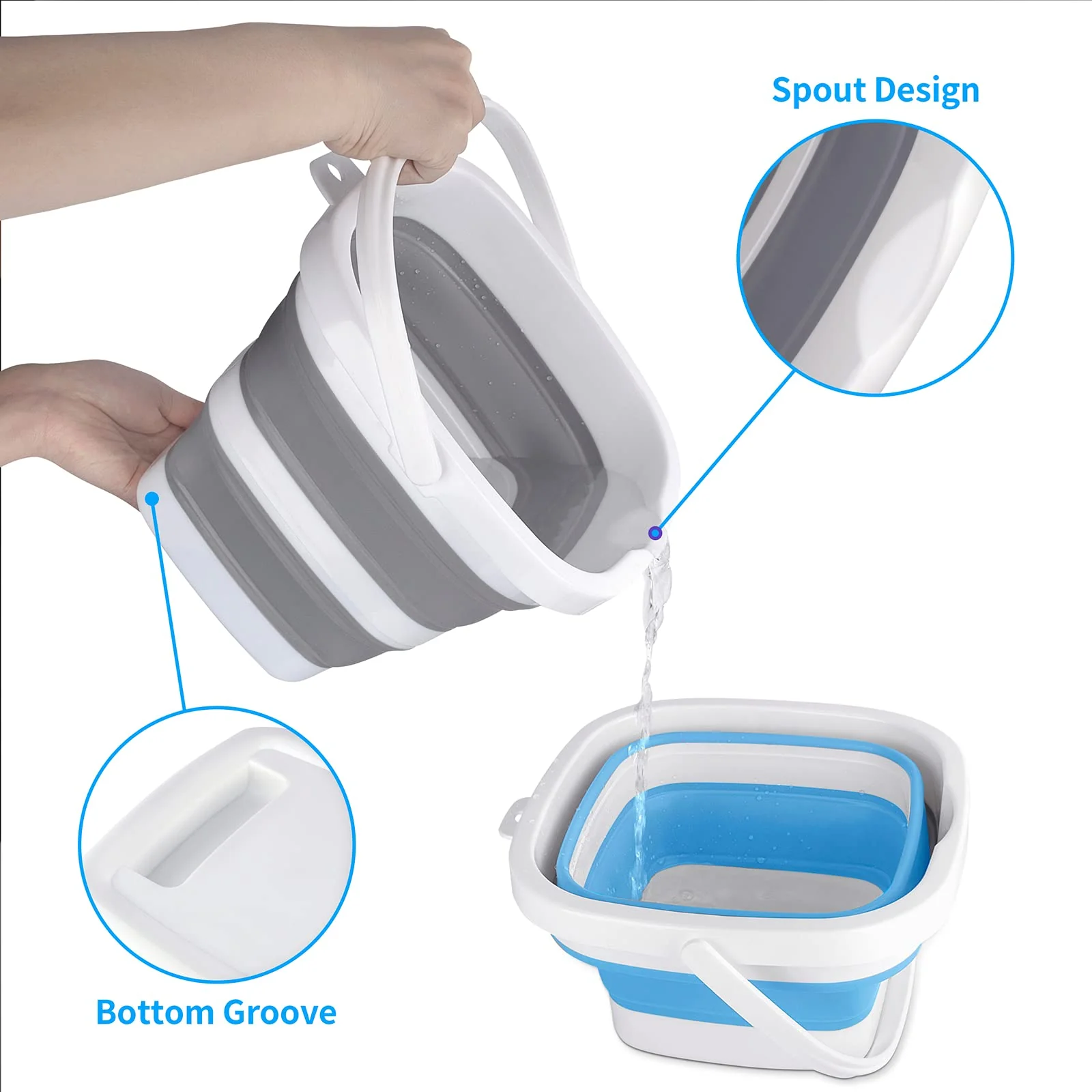 2 Pack Collapsible Buckets 5L 1.3Gallon Small Cleaning Bucket for Household Portable Plastic Bucket Outdoor Car Washing Tub Foldable Camping Beach Sand Water Pot Pail Space Saving Square Grey and Blue - Image 5
