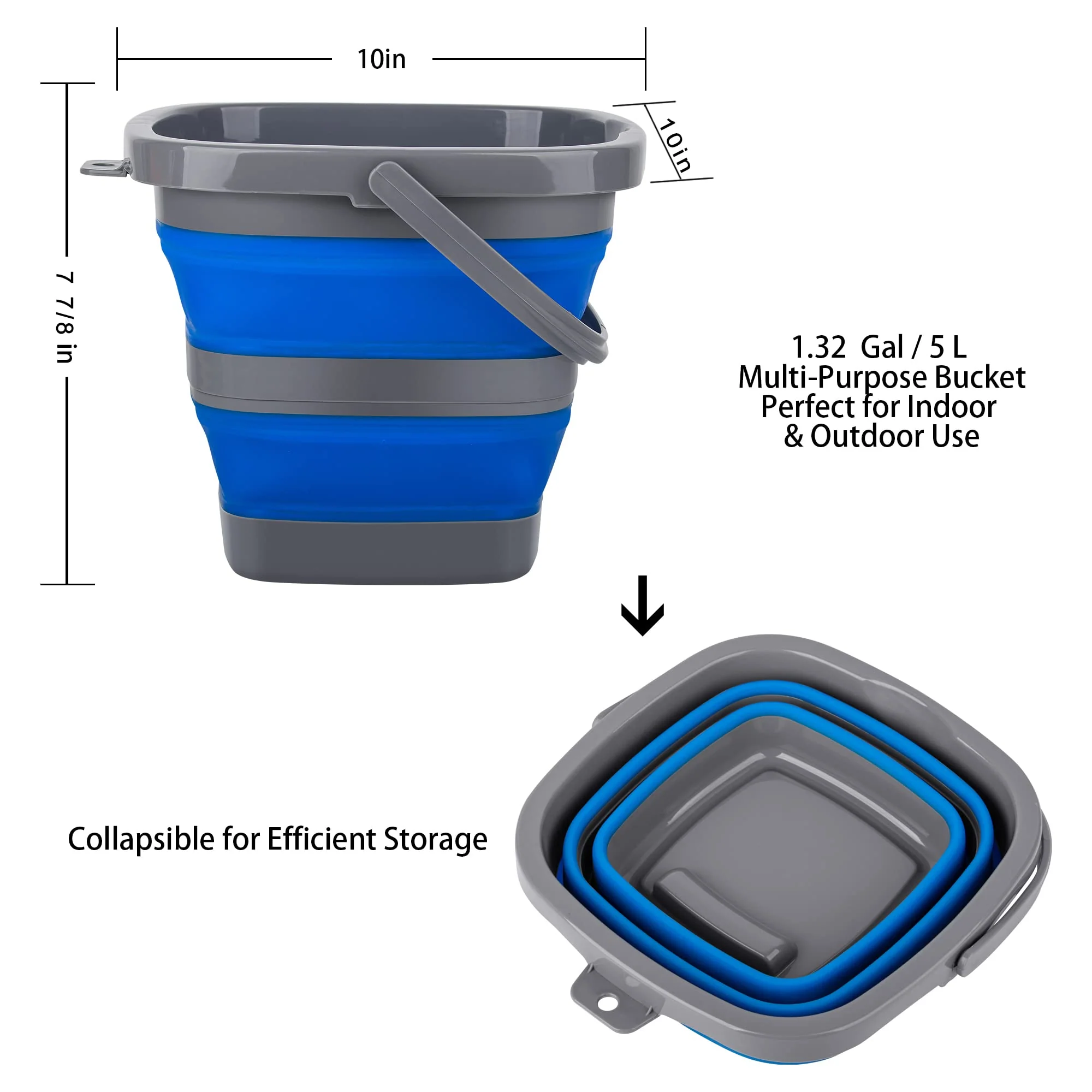 2 Pack Collapsible Plastic Bucket with 1.32 Gallon (5L) Each, Foldable Rectangular Tub for House Cleaning, Space Saving Outdoor Waterpot for Garden or Camping, Portable Fishing Water Pail - Image 7
