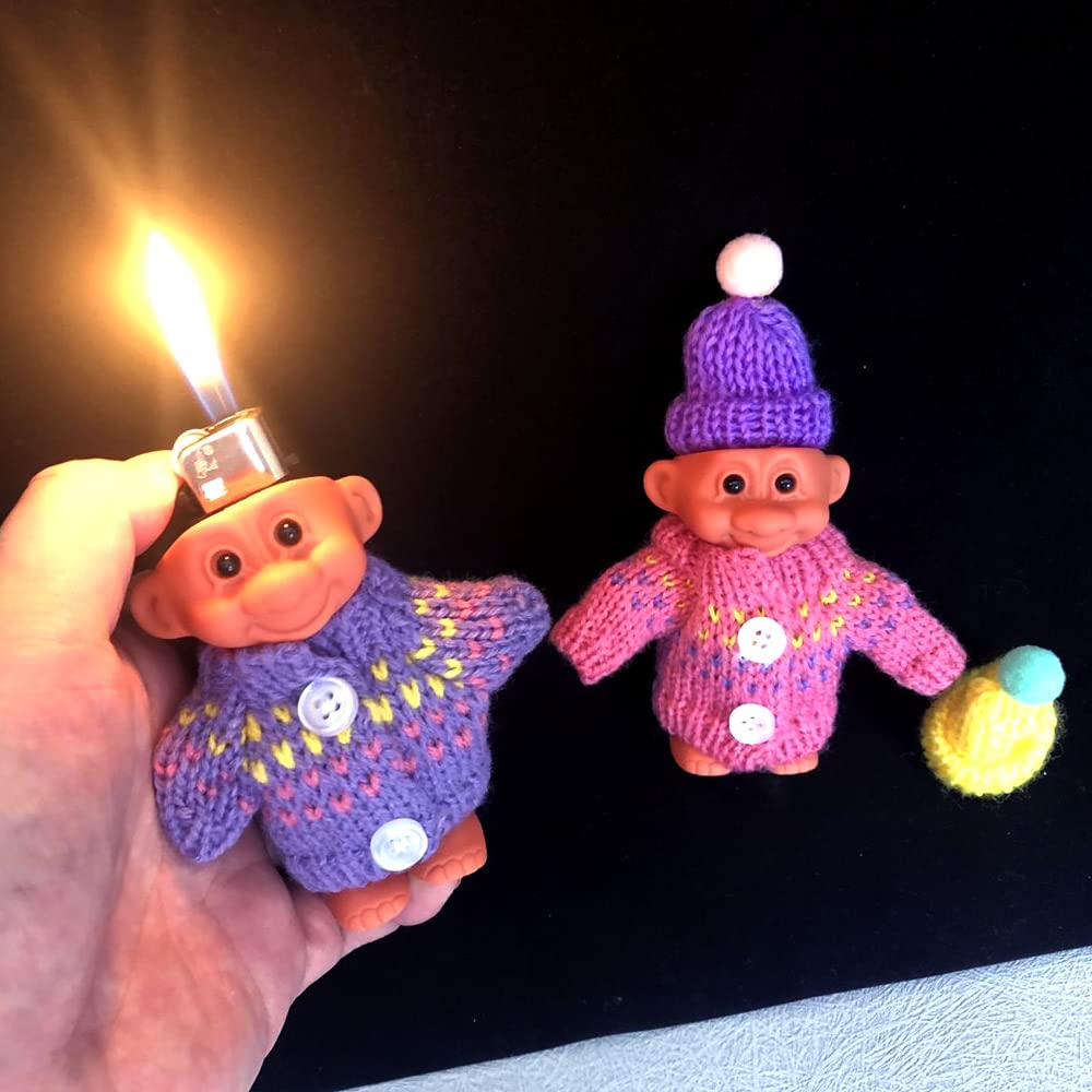 2 Pack Cute Troll Dolls Lighter Case Silicone Funny Mini Dolls Lighter Sleeve with Sweater &Hat for 3.2in Regular Lighter (Lighter not Included) (Purple & Pink) - Image 5